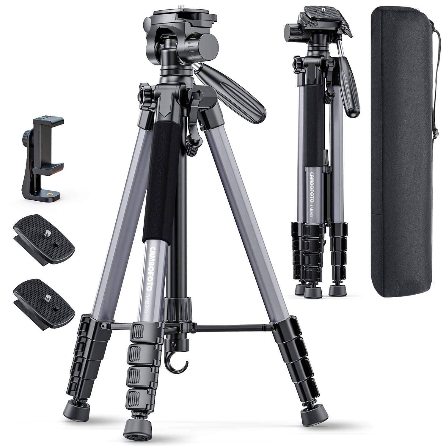 CAMBOFOTO 74"-Camera-Tripod, Gray Porfessional Aluminum Tripod Stand for Mirrorless Camera/DSLR/Cell Phone/Camcorder/GoPro, with Phone Holder and Travel Bag (Gunmetal Gray)