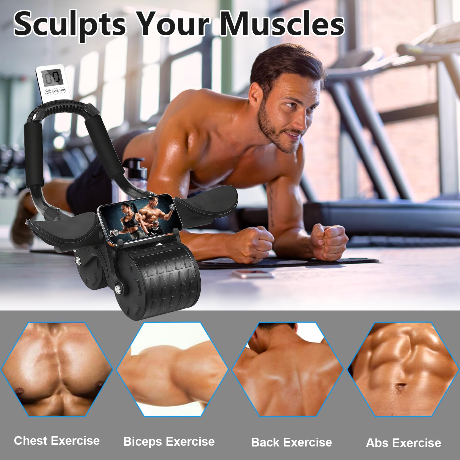 Bersauji 2025 New Ab Roller Wheel with Knee Mat &Timer, Automatic Rebound Abdominal Wheel, Ab Abdominal Exercise Roller with Elbow Support, Abs Workout Equipment Ab Exercise Roller for Women Men..
