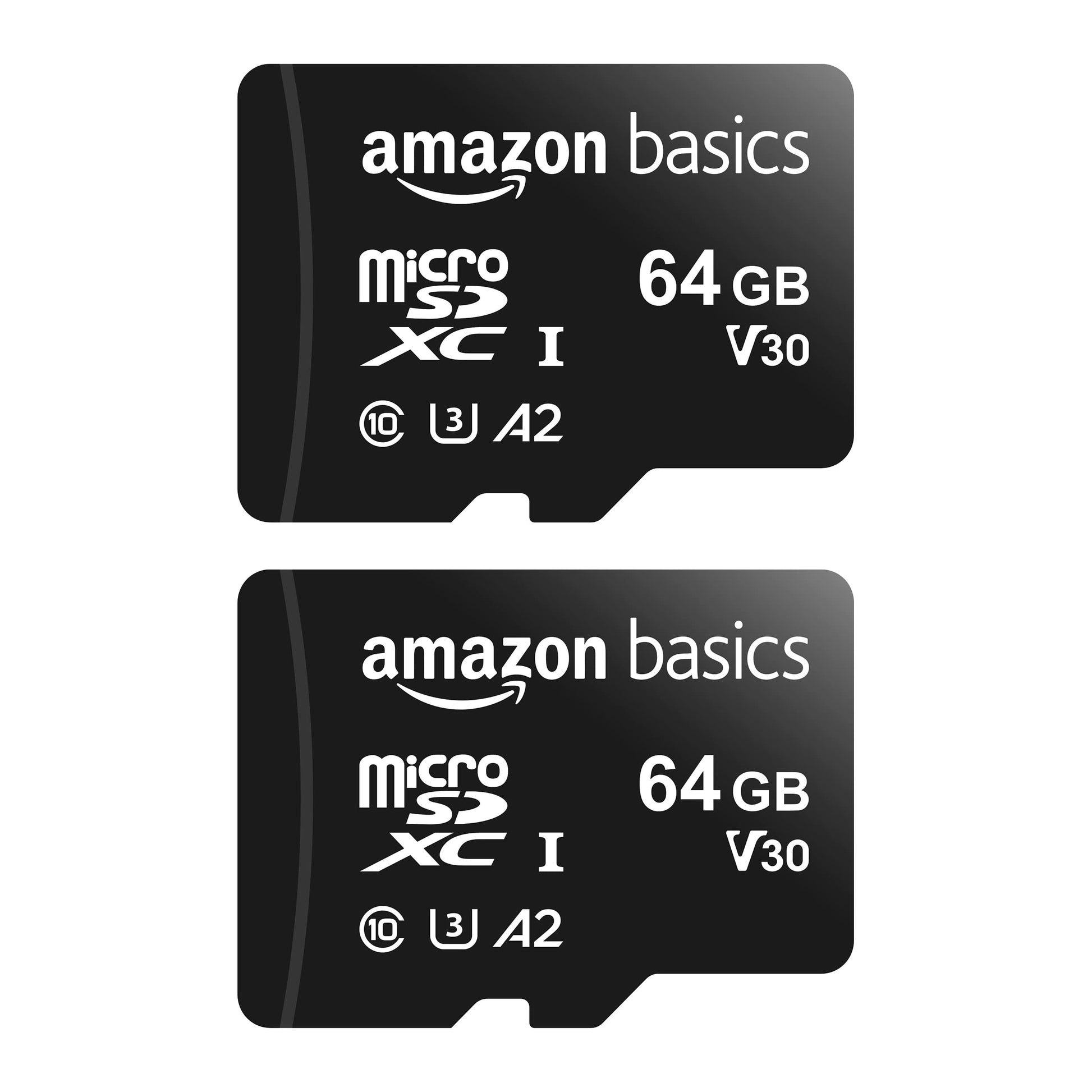 Amazon Basics MicroSDXC UHS-I Class 10 Memory Card with Full Size Adapter, A2, U3, V30, 4K, Read Speed up to 100 MB/s, 64 GB (2pack), for GoPro Cameras Storage, Black