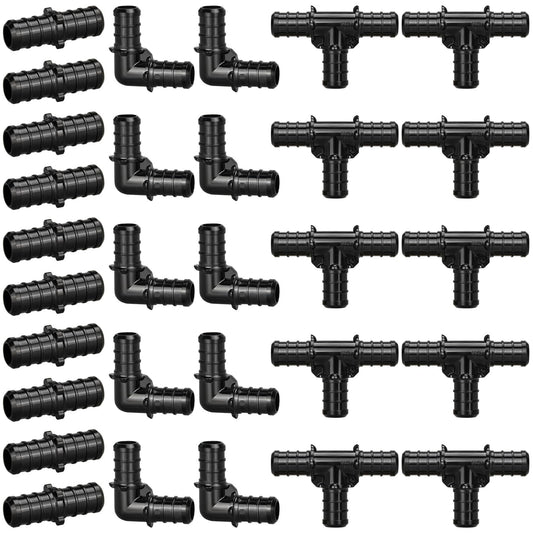 1/2" Poly PPSU Barb Crimp PEX Fitting, 30pcs PEX Fitting Combo, 10pcs Each Elbows Tees Straight Couplings, No Lead (30pcs, 1/2" Combo)