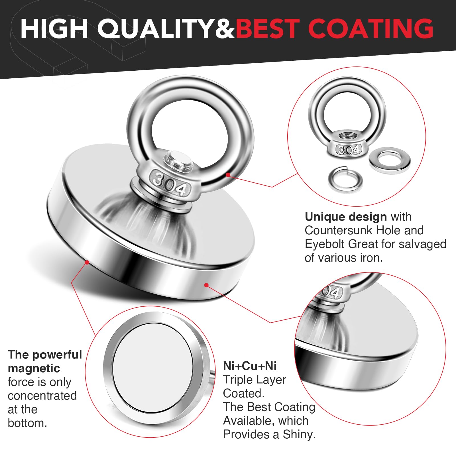 DIYMAG Strong Neodymium Fishing Magnets, 300 Lbs(136 KG) Pulling Force Rare Earth Magnet with Countersunk Hole Eyebolt Diameter 1.98 inch(50 mm) for Retrieving in River and Magnetic