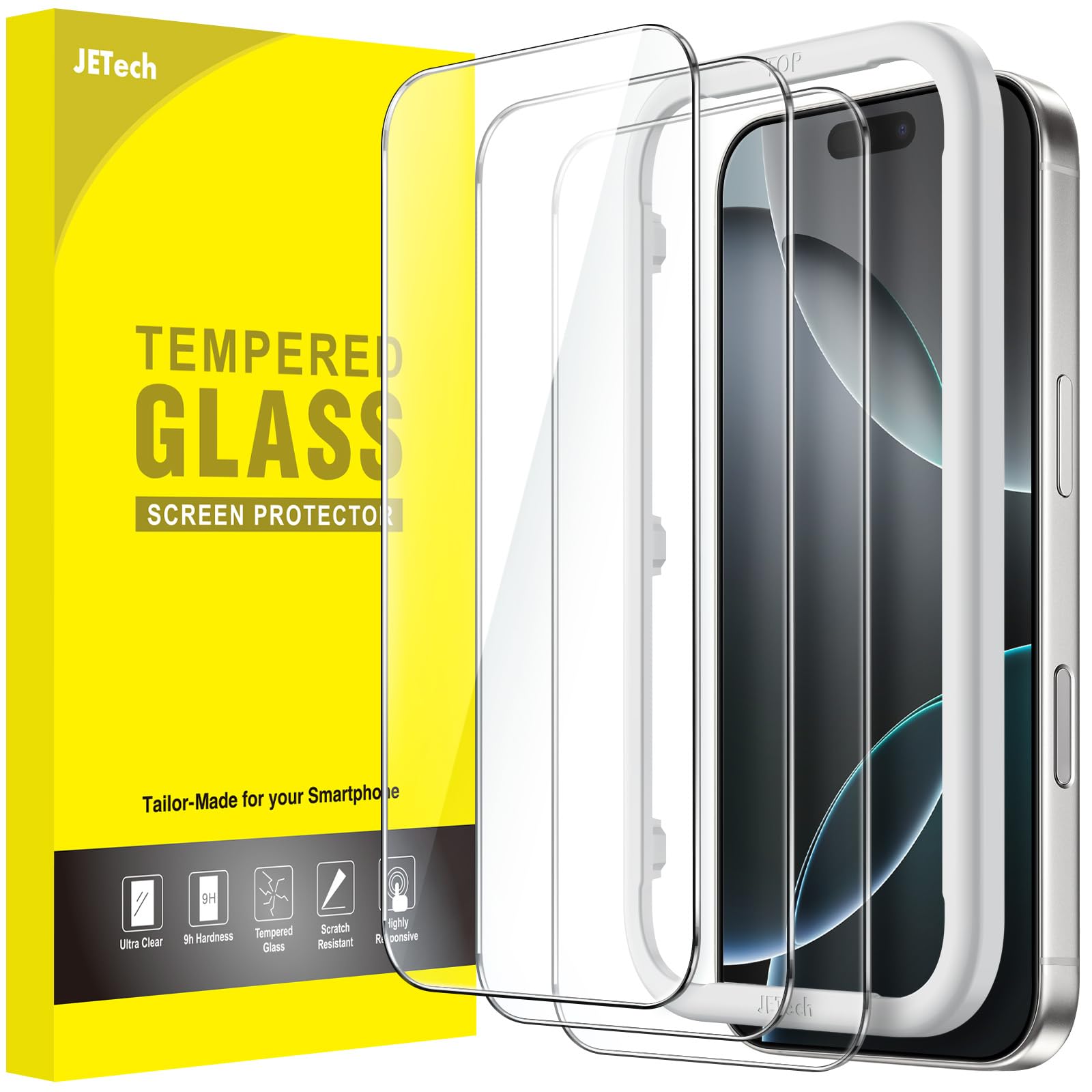 JETech Screen Protector for iPhone 16 Pro 6.3-Inch, Tempered Glass Film with Easy Installation Tool, Case-Friendly, HD Clear, 3-Pack