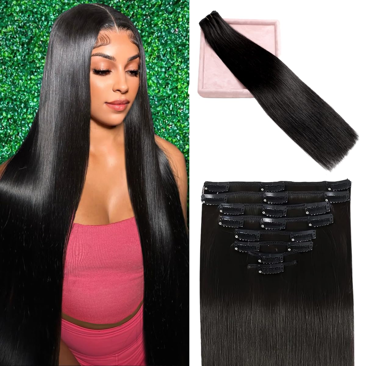 Clip-in Echthaar Extensions, 20 Zoll 105g 100% Remy Echthaar Clip-in Extensions für Damen, Unsichtbare Glatte Nahtlose Clip-in Haarverlängerungen 8 Stück Doppelter Tressen #1B Natur Schwarz
