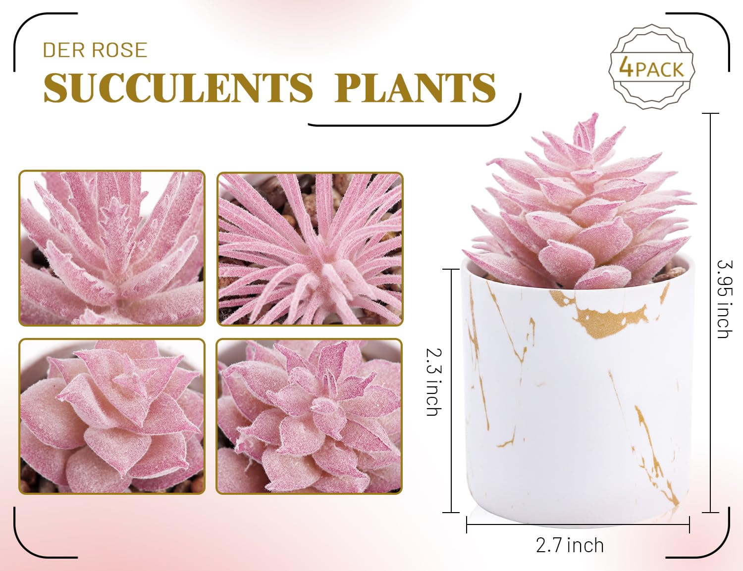 Der Rose 4 Packs Fake Succulents Plants Artificial Indoor for Pink Room Bathroom Decor Office Desk Accessories for Women