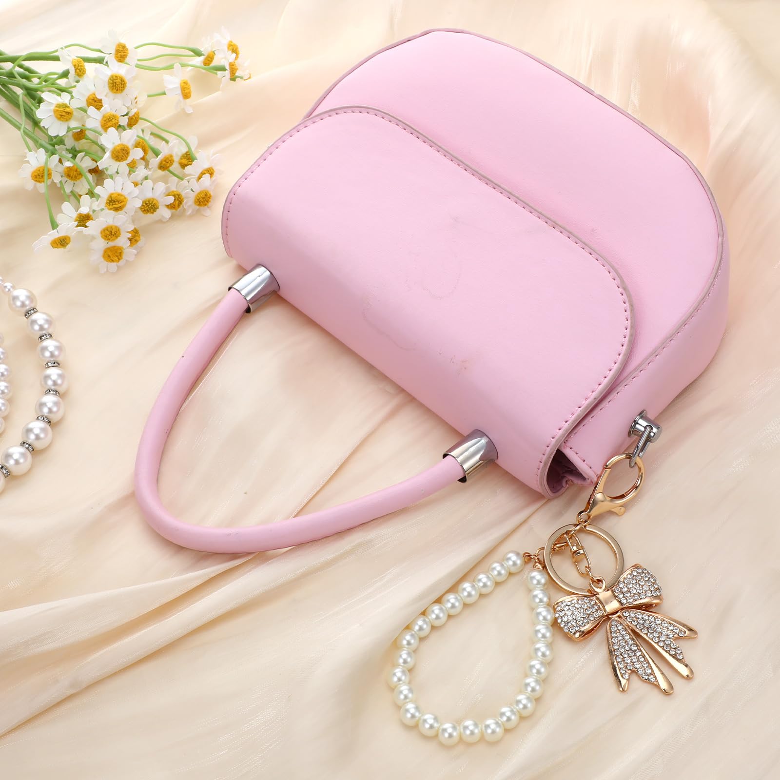 Lnngub Bow Keychain White Rhinestone Bowknot Keychain Imitation Pearl Chains Sparkly Bow Purse Charm Bag Charms for Handbags Purse Backpacks Handbag Charms Keychain Accessories for Women,2 Pcs