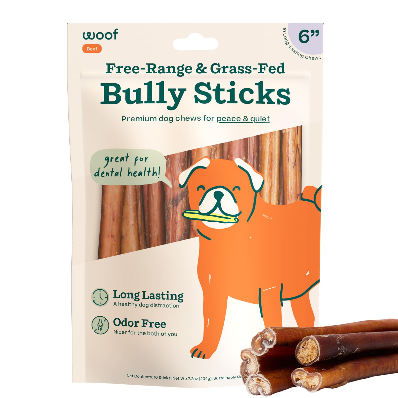 WOOF Bully Sticks Dog Treats - Chew Sticks for Dogs - Long-Lasting Dog Chew Treats - Dog Products Made with Free-Range, Grass-Fed Beef - 6" Sticks - 5pk