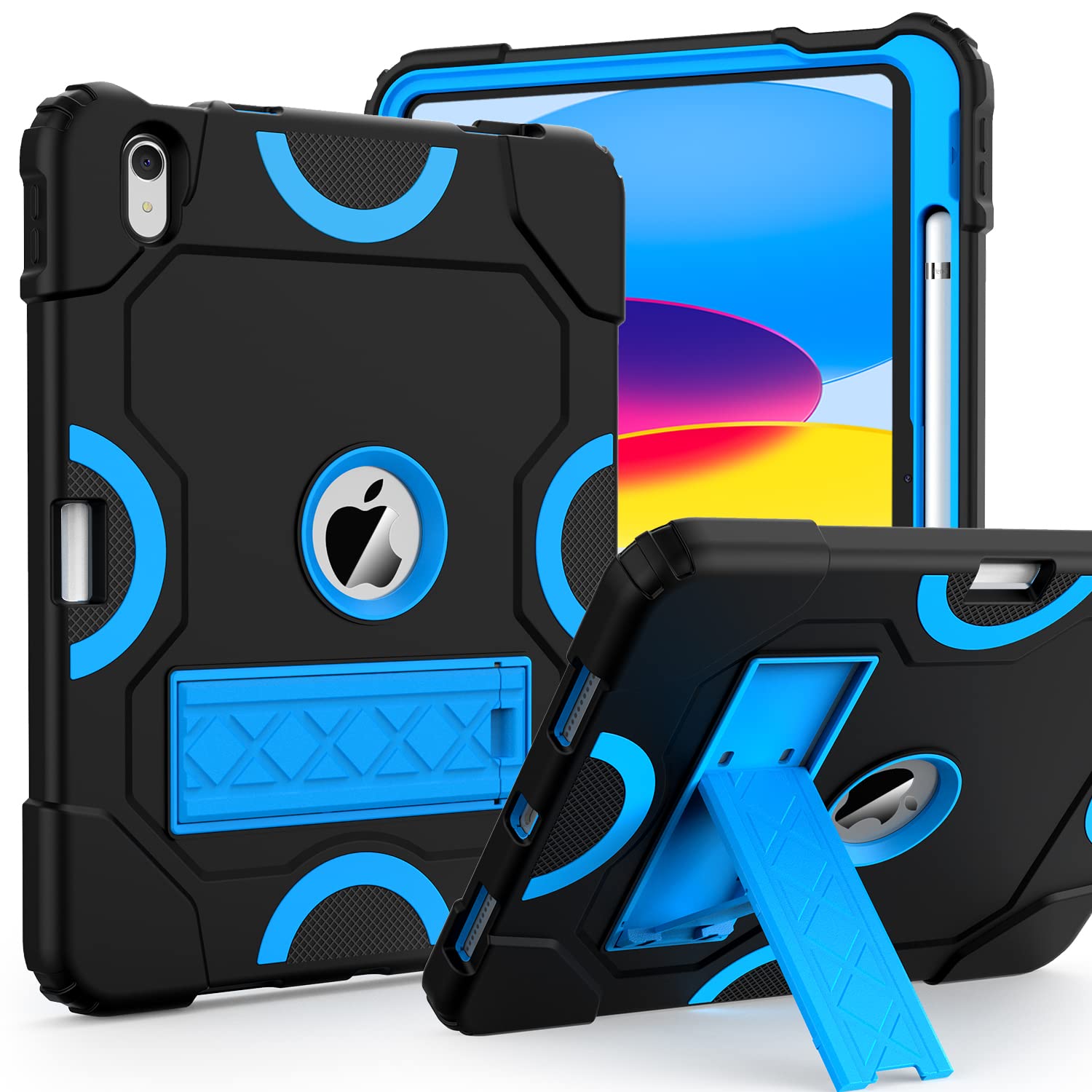 Cantis Case for iPad 10th Generation 10.9 inch 2022, iPad Cover 10th Generation with Pencil Holder & Kickstand, Heavy Duty Shockproof Rugged Protective for iPad 10th Case, Black+Blue