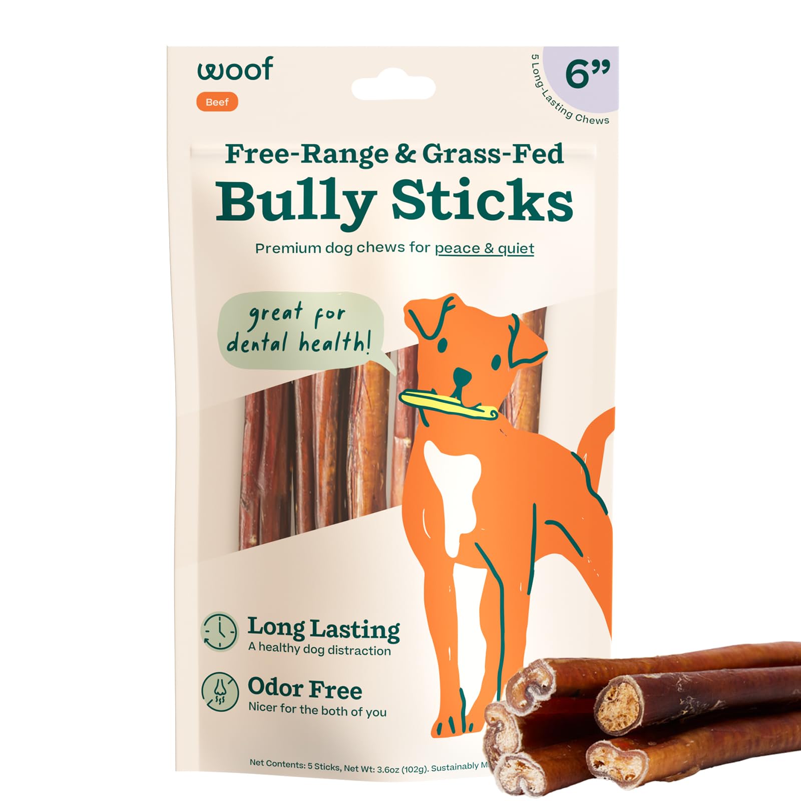 WOOF Bully Sticks Dog Treats - Chew Sticks for Dogs - Long-Lasting Dog Chew Treats - Dog Products Made with Free-Range, Grass-Fed Beef - 6" Sticks - 5pk