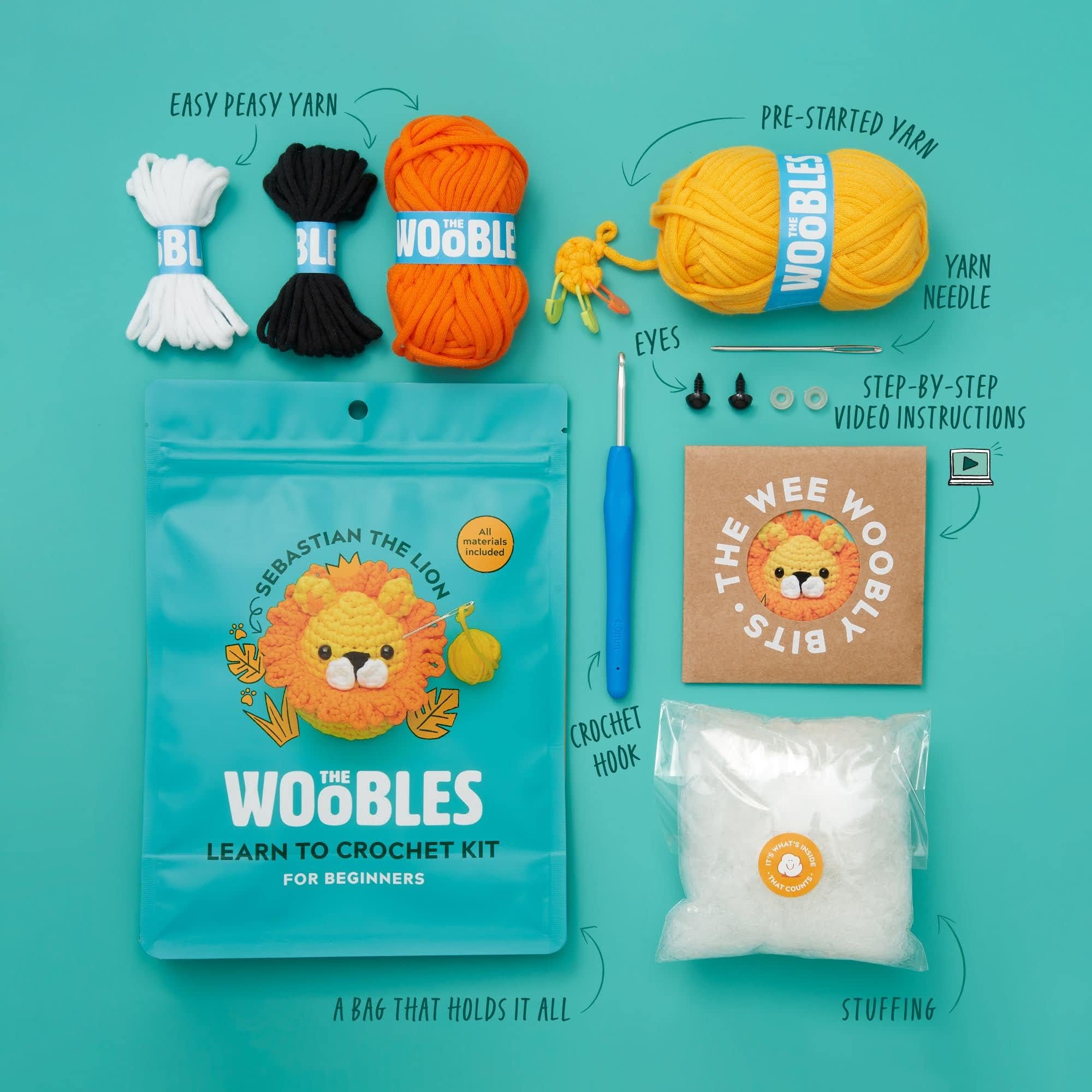 The Woobles Beginners Crochet Kit with Easy Peasy Yarn as seen on Shark Tank - with Step-by-Step Video Tutorials - JoJo The Bunny