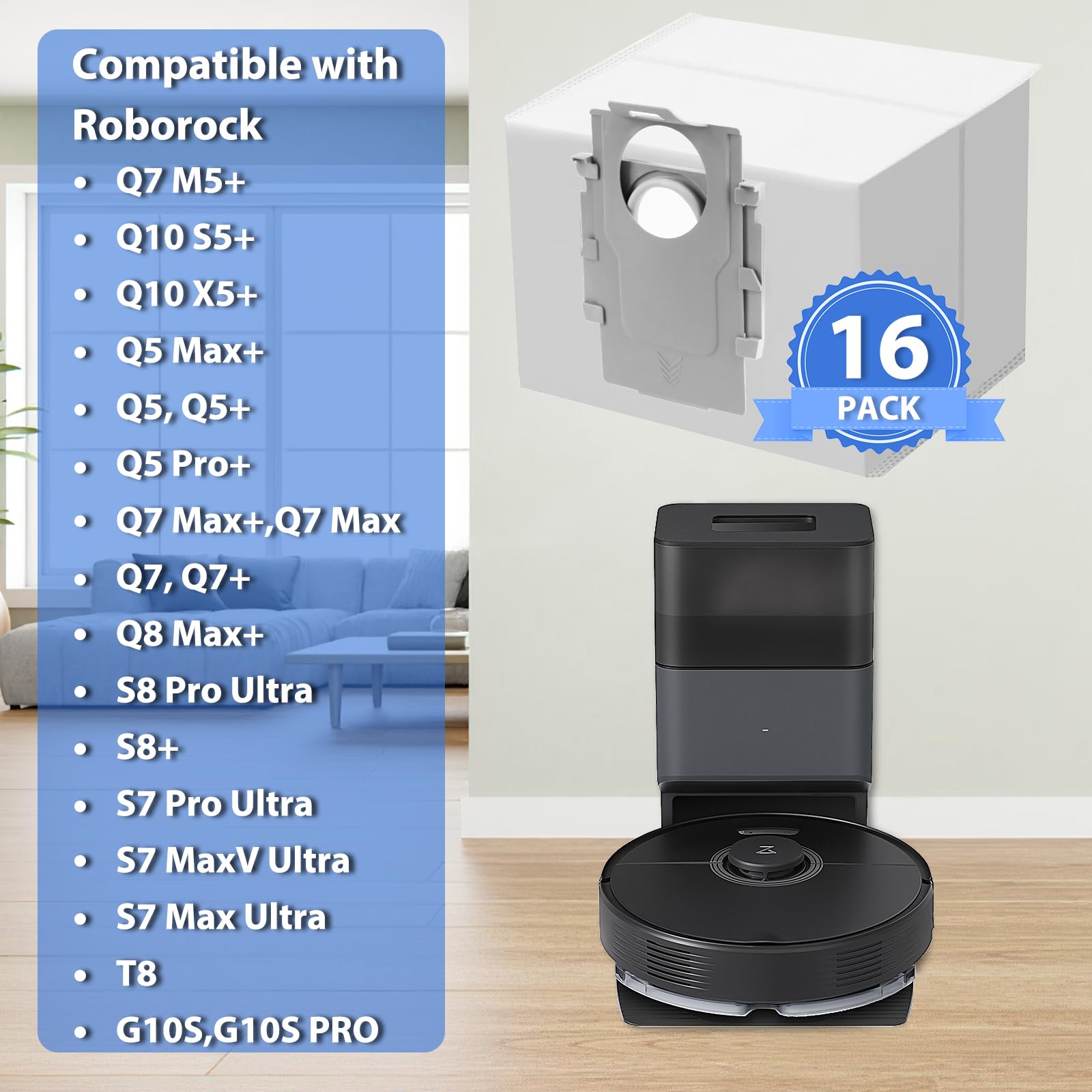 16 Pack Q7 Q5 Dust Bag for Roborock Q7 M5+, Q10 S5+/Q10 X5+, S8+, S8 Pro Ultra, Q7 Max+/Max, Q5 Max+, Q8 Max+, S7 Pro Ultra, Q5, Q5+, Q7, S7 MaxV Ultra Robot Vacuum, 3.5L Large Capacity Disposable Bag