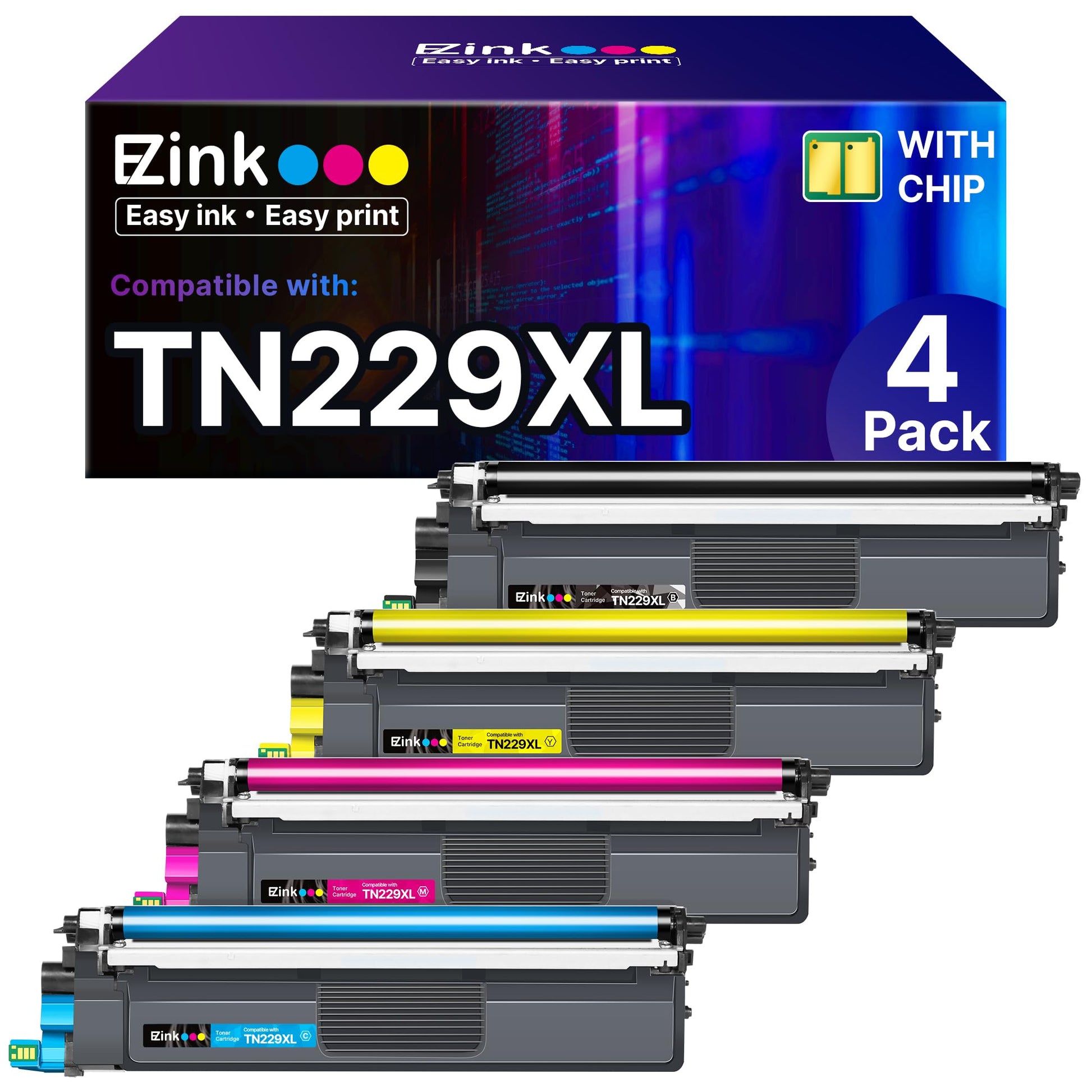E-Z Ink Compatible TN229XL Toner Cartridges Replacement for Brother TN229XL TN-229XL TN229 XL to use with MFC-L3720CDW MFC-L3780CDW HL-L3220CDW HL-L3280CDW HL-L3300CDW Printer (TN229XLBK/C/M/Y-4 Pack)