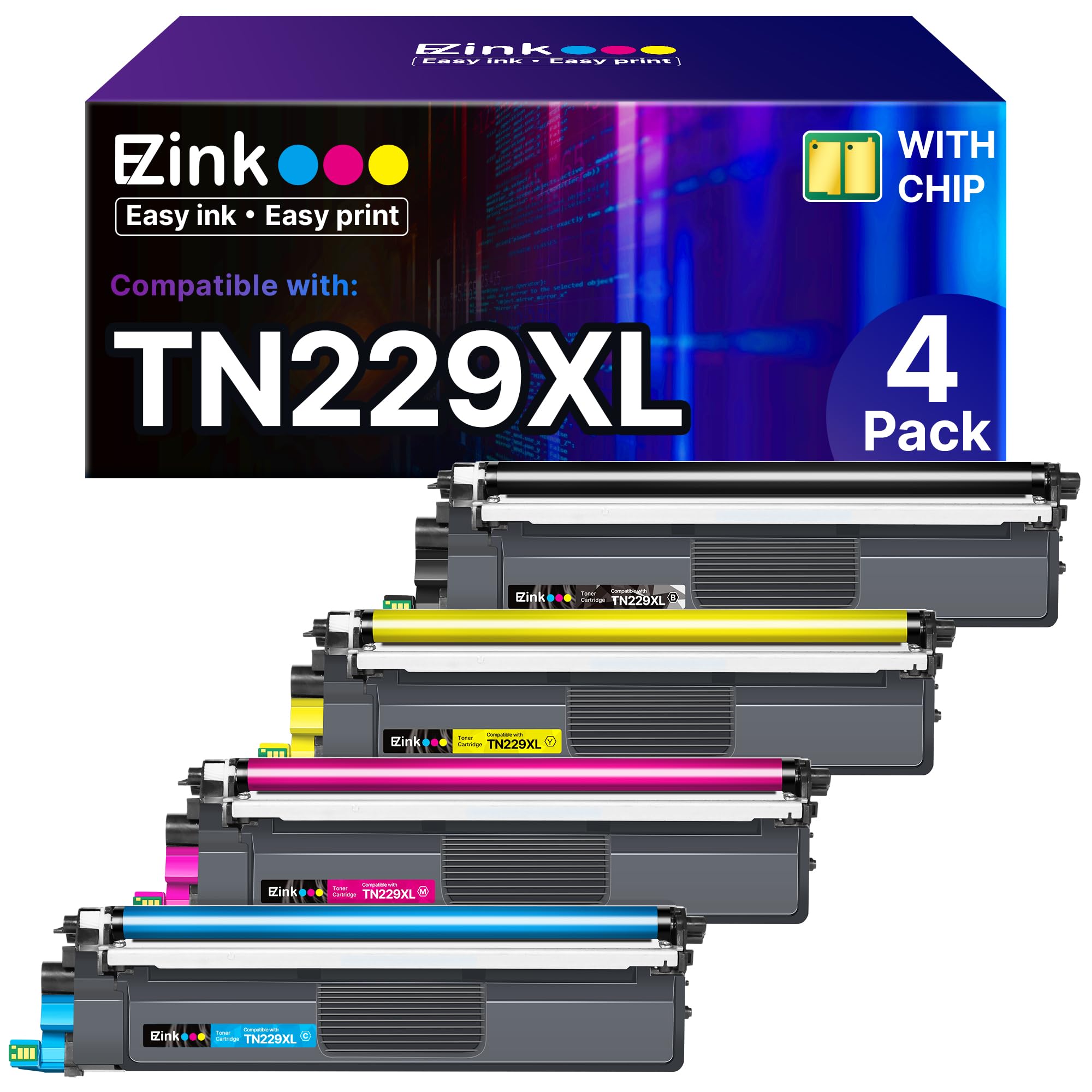 E-Z Ink Compatible TN229XL Toner Cartridges Replacement for Brother TN229XL TN-229XL TN229 XL to use with MFC-L3720CDW MFC-L3780CDW HL-L3220CDW HL-L3280CDW HL-L3300CDW Printer (TN229XLBK/C/M/Y-4 Pack)