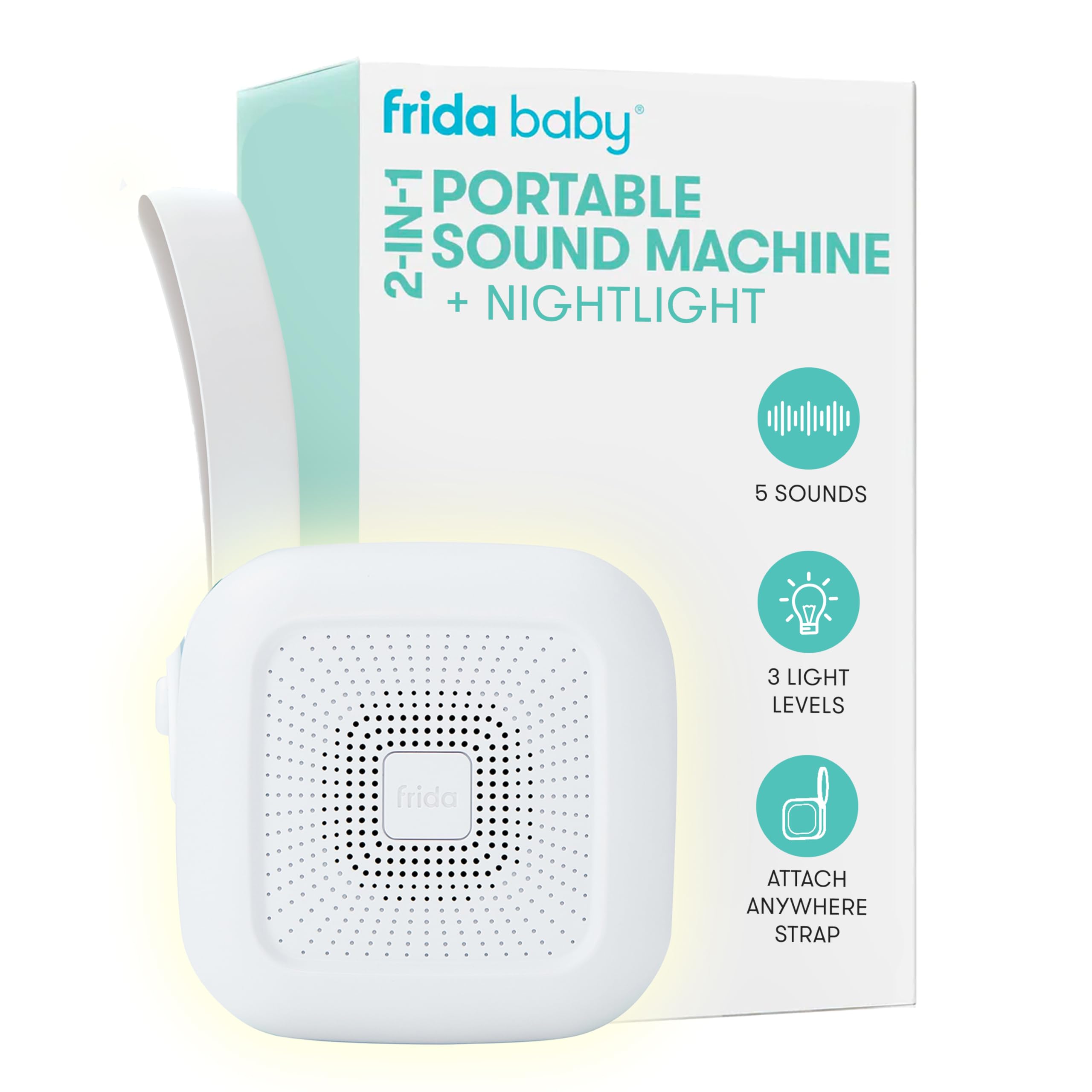 Frida Baby 2-in-1 tragbares Soundgerät für Babys + Nachtlicht | White Noise Soundgerät für Babys mit 5 beruhigenden Klängen & 3 Nachtlicht-Modi | Reise-Soundgerät zur Befestigung an Kinderwagen, Autositzen