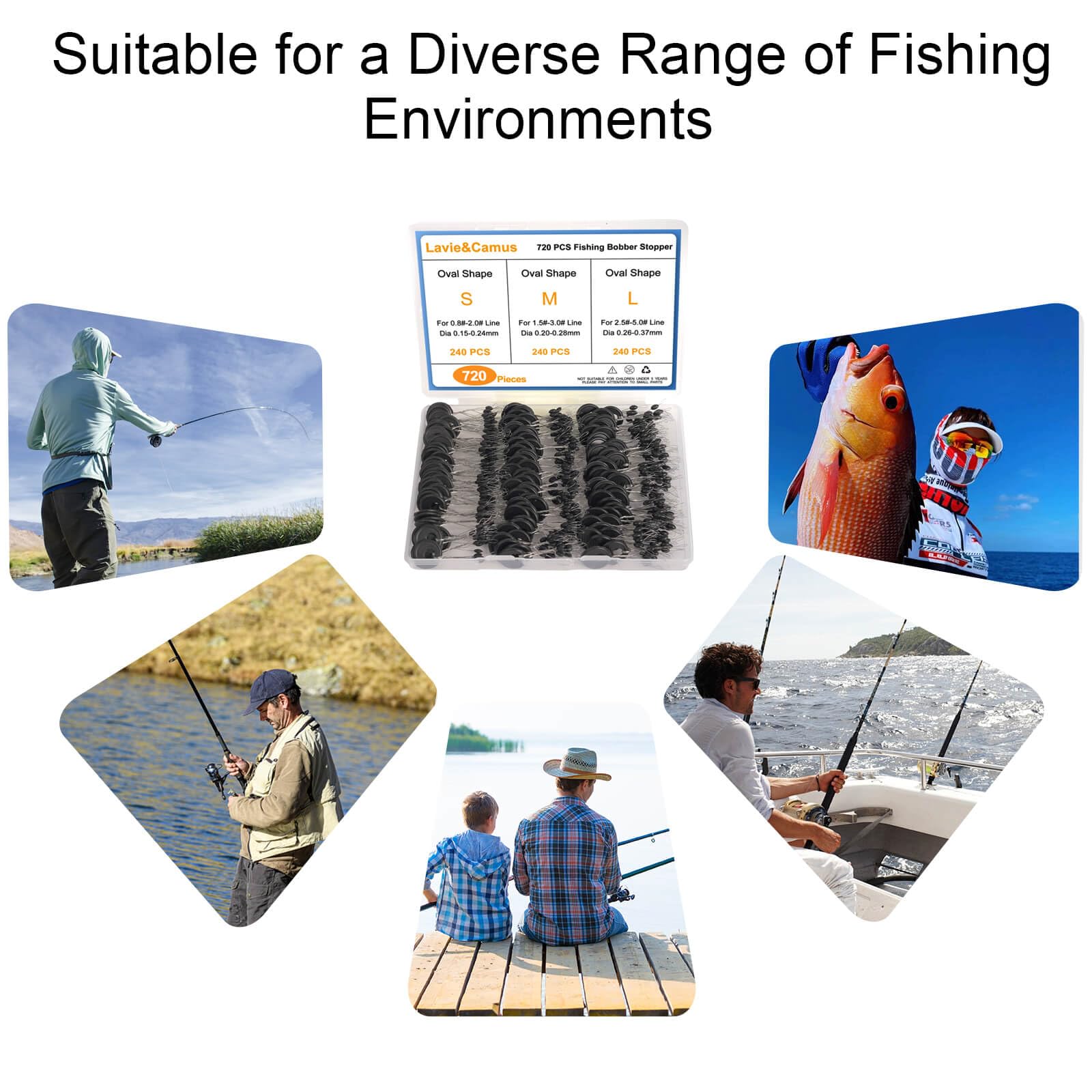 Lavie&Camus 720PCS Fishing Bobber Stopper, Oval Floats Sinker Stops, 6 in 1 Black Rubber Bobber Stops, L M S Size Float Stop Kit