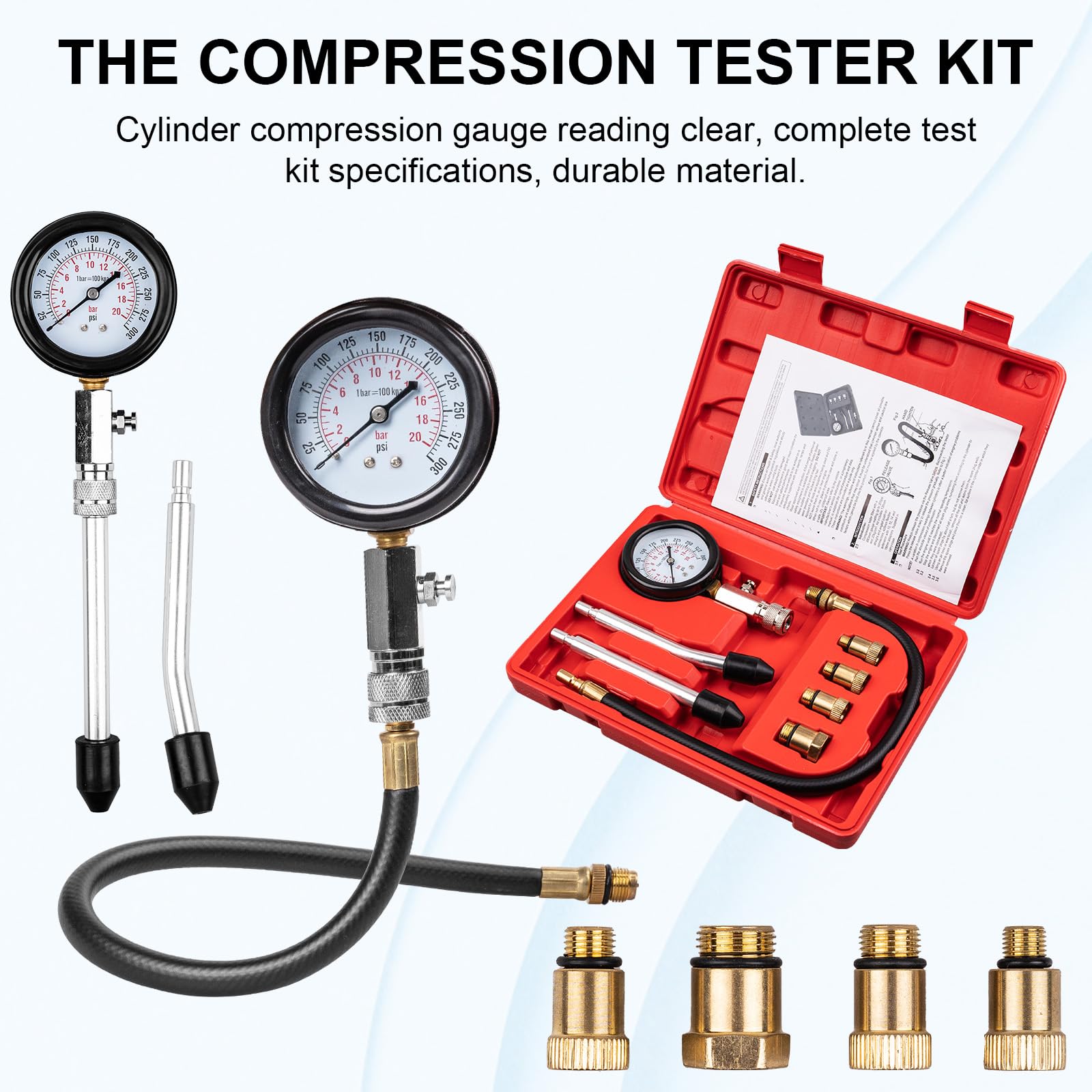 Clatoon 8pcs Petrol Engine Cylinder Compression Tester Kit, Small Engine Compression Tester Automotive Tool Gauge 0-300PSI for Testing Car Motorcycle Outboard Motor Snowmobile Chainsaw
