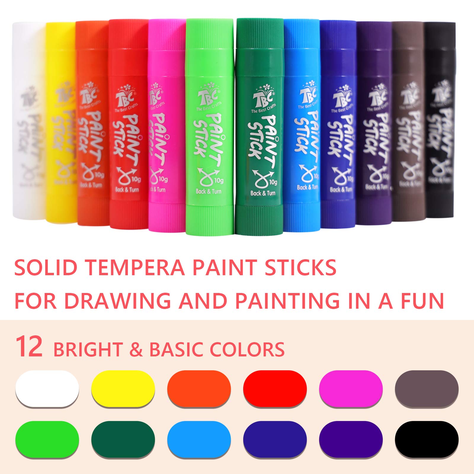 TBC The Best Crafts Paint Sticks,24 Classic Colors, Washable Paint, Non-toxic, Tempera Paint Sticks for Kids and Students