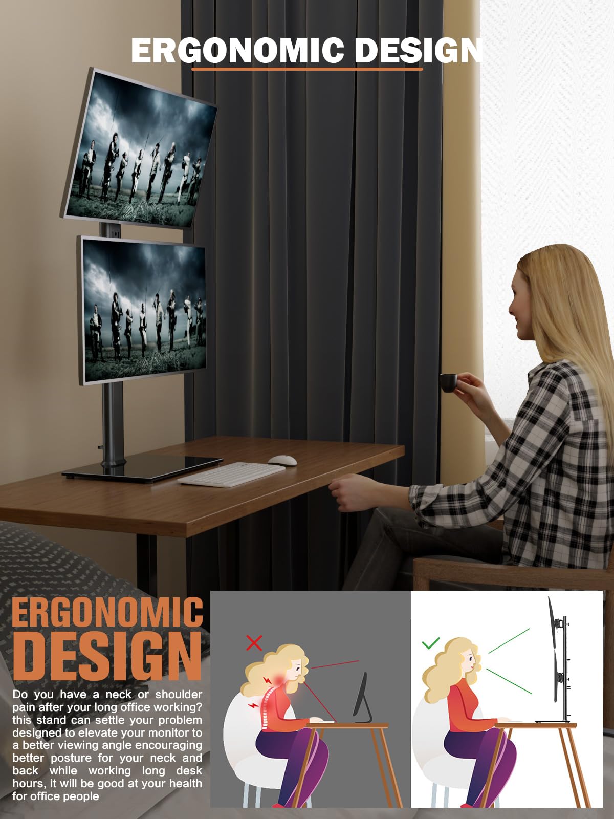 Dual Monitor Stand - Vertical Stack Screen Free-Standing Monitor Riser Fits Two 13 to 34 Inch Screen with Swivel, Tilt, Height Adjustable, Holds One (1) Screen Up to 44Lbs