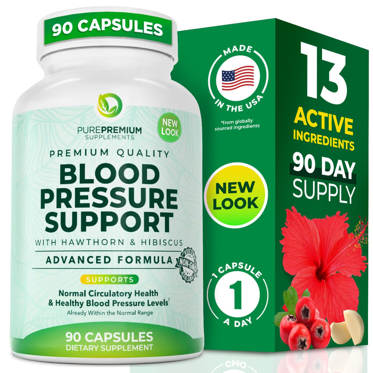 PurePremium Blood Pressure Supplements with Hawthorn Berry, Hibiscus, Garlic & Vitamin B12- Nitric Oxide Supplement for Normal Heart Health, Circulation Health & Blood Pressure Support - 90ct