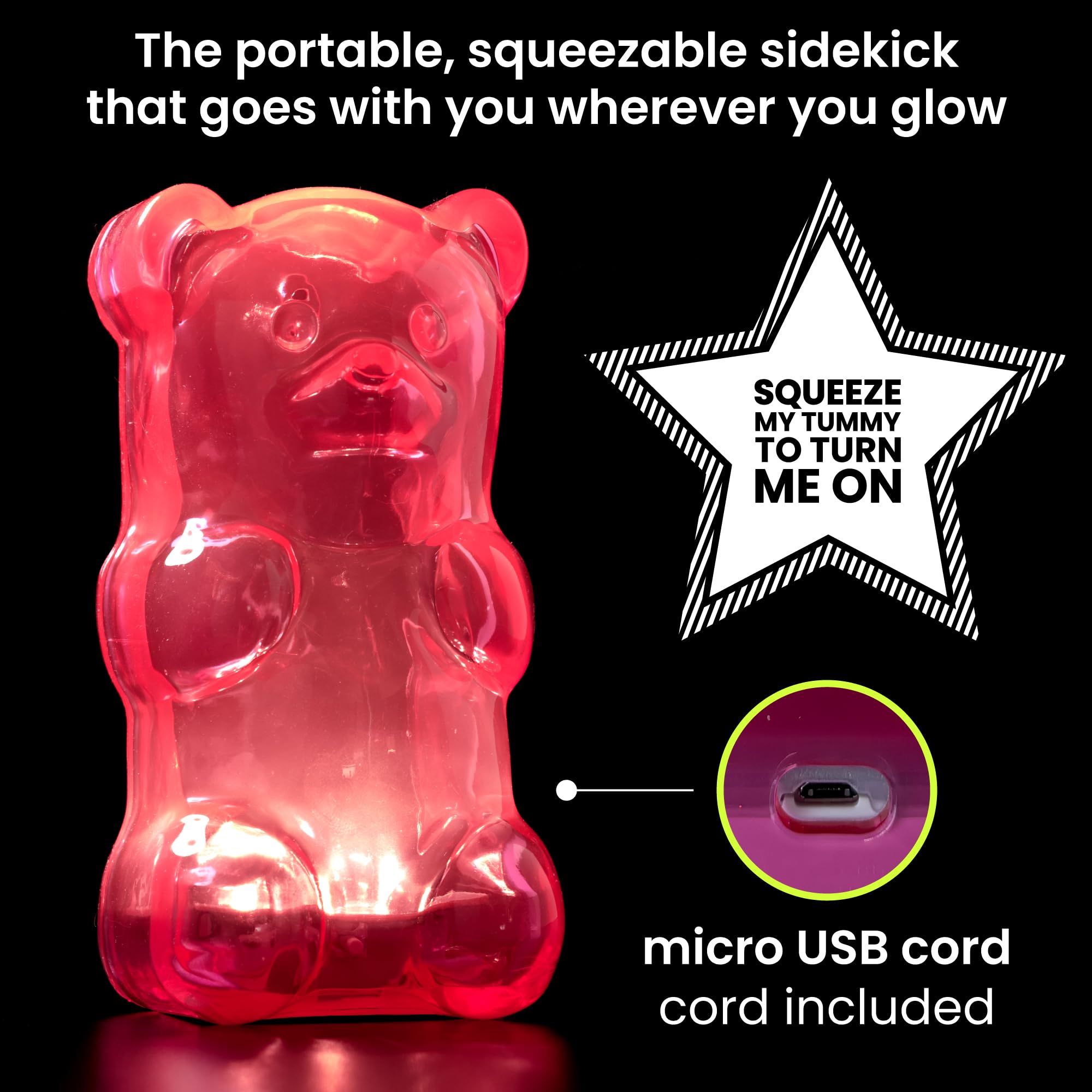 Gummygoods Squeezable Gummy Bear Night Light - Rechargeable, Portable, Squishy Lamp, 60-Min Sleep Timer - Christmas Gift for Kids & Adults, Baby Nursery, and Dorm Rooms - (Pink)