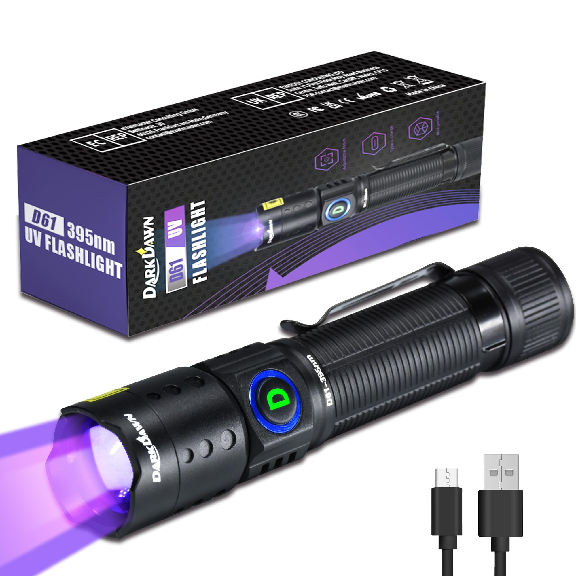 DARKDAWN UV Flashlight 395nm Black Light Mini USB Rechargeable Ultraviolet LED Blacklight Woods Lamp Powerful Fluorescent Portable Detector for Pet Urine Stains, Scorpions, Resin Curing