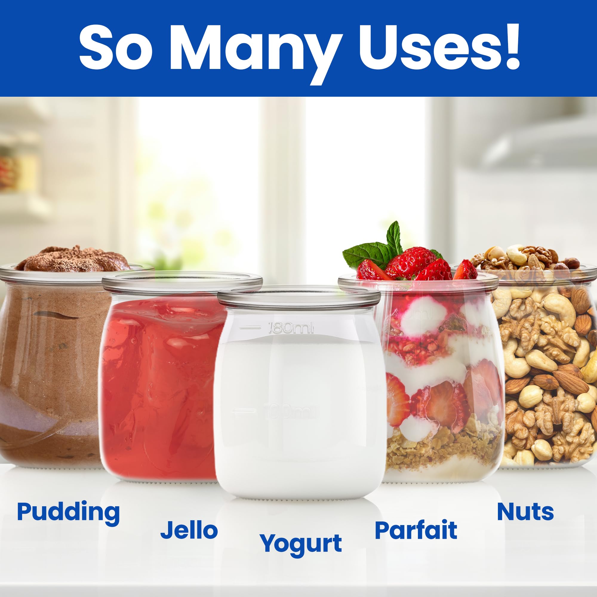 Ultimate Yogurt Jars - Make More Delicious Yogurt! 8 Count Small Glass Yogurt Cups With Lids - 100% BPA Free, Airtight & Dishwasher Safe! Perfect Containers for Yoghurt, Oatmeal, Pudding, or Jello