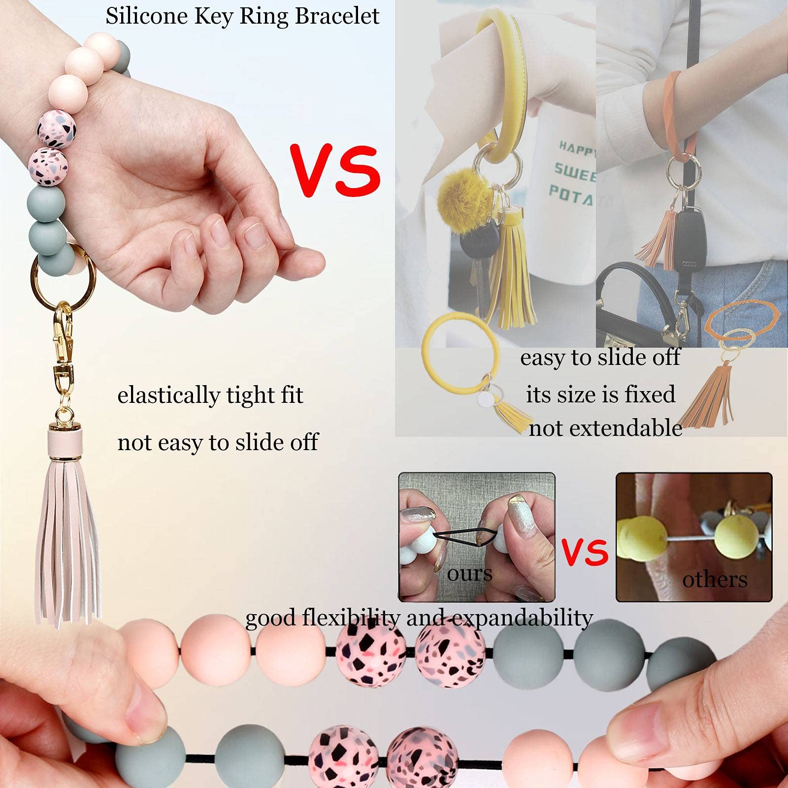 BIHRTC Keychain Wristlet Bracelet Silicone Key Ring Bracelet Wristlet Keychain with Leather Tassel Wrist Key Ring Bangle Silicone Bead keyring for Women