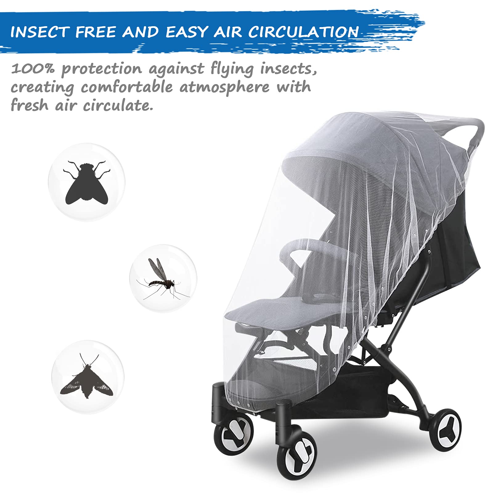 Baby Mosquito Net for Stroller, Reusable Bug Net for Stroller, Bassinets, Cradles, Playards, Pack N Plays and Portable Mini Crib, Portable & Durable Baby Insect Netting, White
