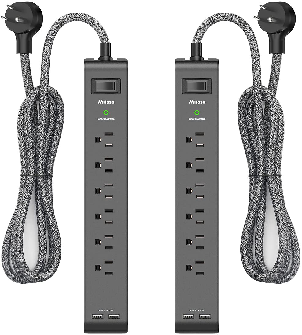 2 Pack Surge Protector Power Strip with 6 Outlets 2 USB Ports 5-Foot Long Heavy-Duty Braided Extension Cords Flat Plug 900 Joules 15A Circuit Breaker Wall Mount for Home Office ETL Listed