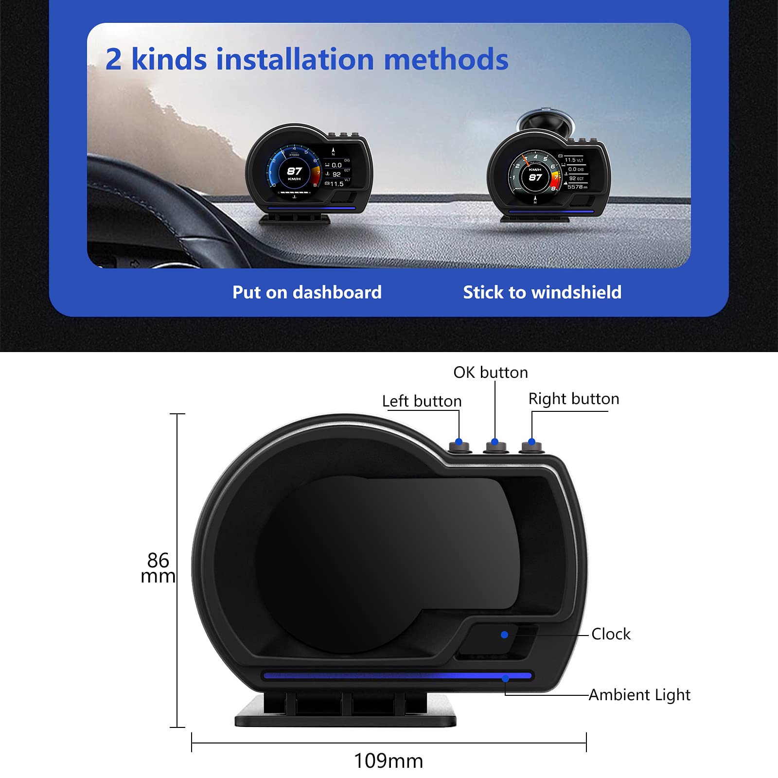 wiiyii Car HUD Head Up Display P6, OBD+GPS Smart Gauge, Works Great for Most Cars