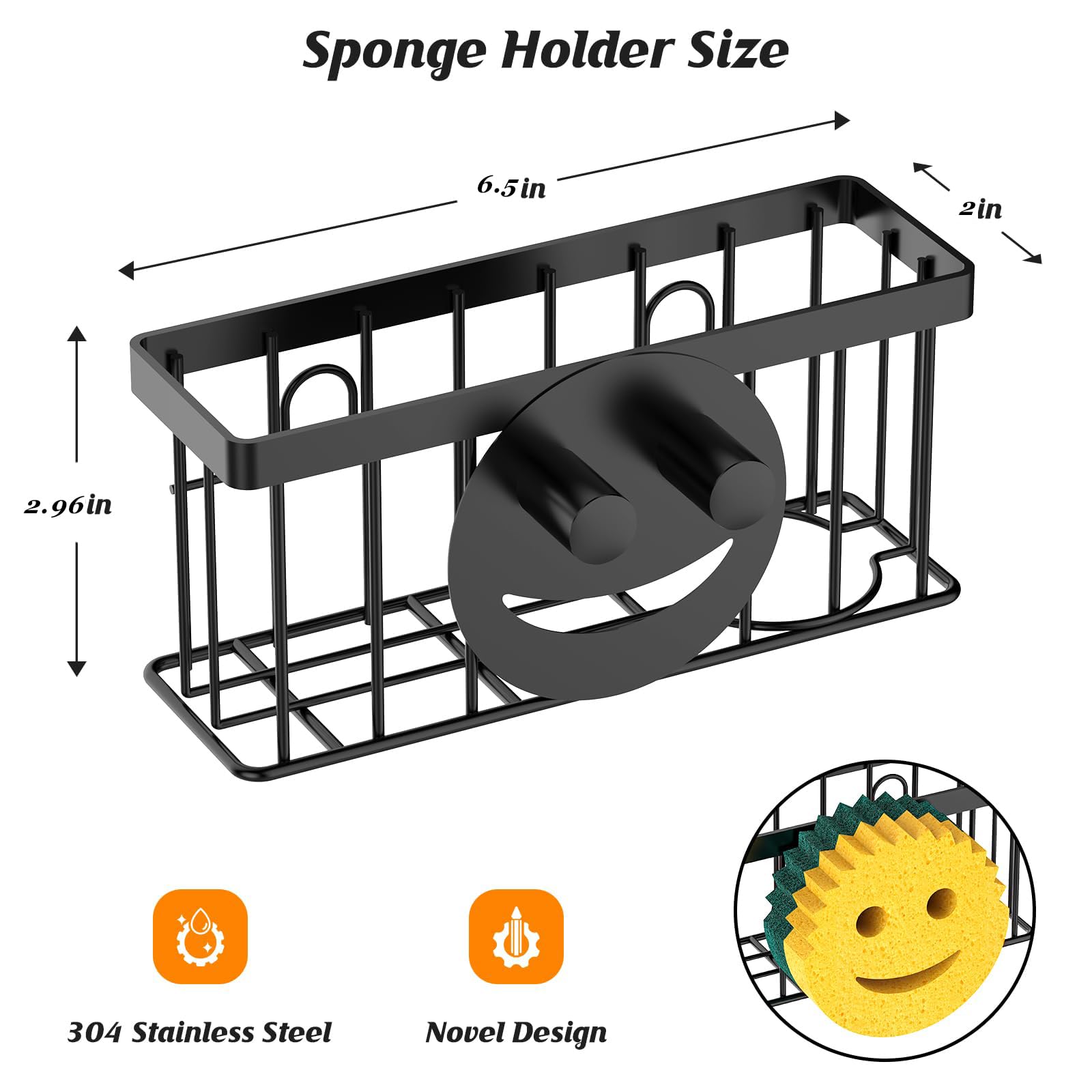 MURLONG Sponge Holder Smiley Face,Sink Caddy,Sink Organizer with 2 Suction Cups/1 Adhesive Strips,Designed for Sponge,Soap,Dish Brush,Scrubber - Black