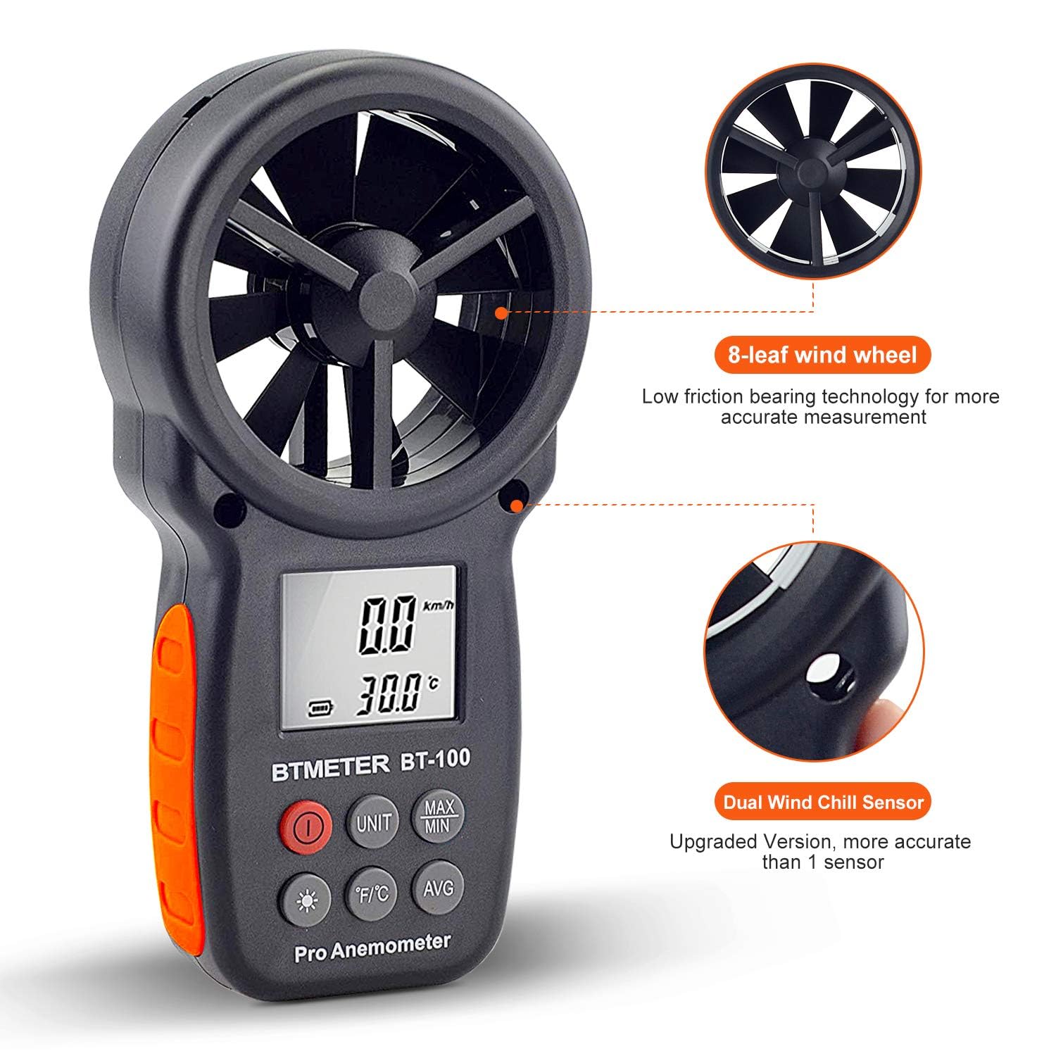 BTMETER BT-100 Handheld Anemometer, Digital Wind Speed CFM Meter Gauge Air Flow Velocity Tester for HVAC Shooting Drone, Wind Chill, 14℉-113℉ Wind Temperature