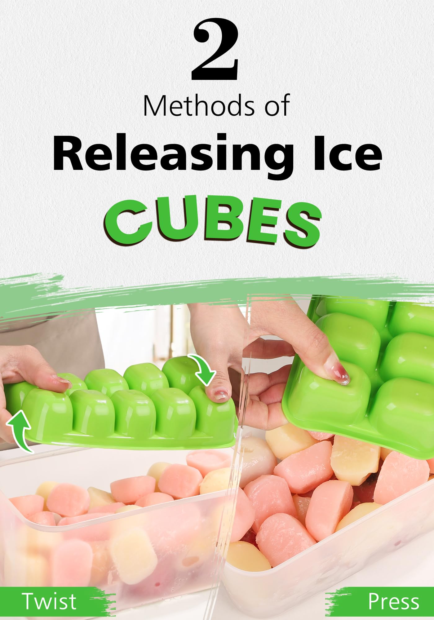 DOQAUS Ice Cube Tray with Lid and Bin, 4 Pack Easy Pop Out Silicone Ices Cubes Trays for Freezer with Cover, Stackable Compact Ice Bucket Kits, for Soup, Food, Cocktail, Coffee