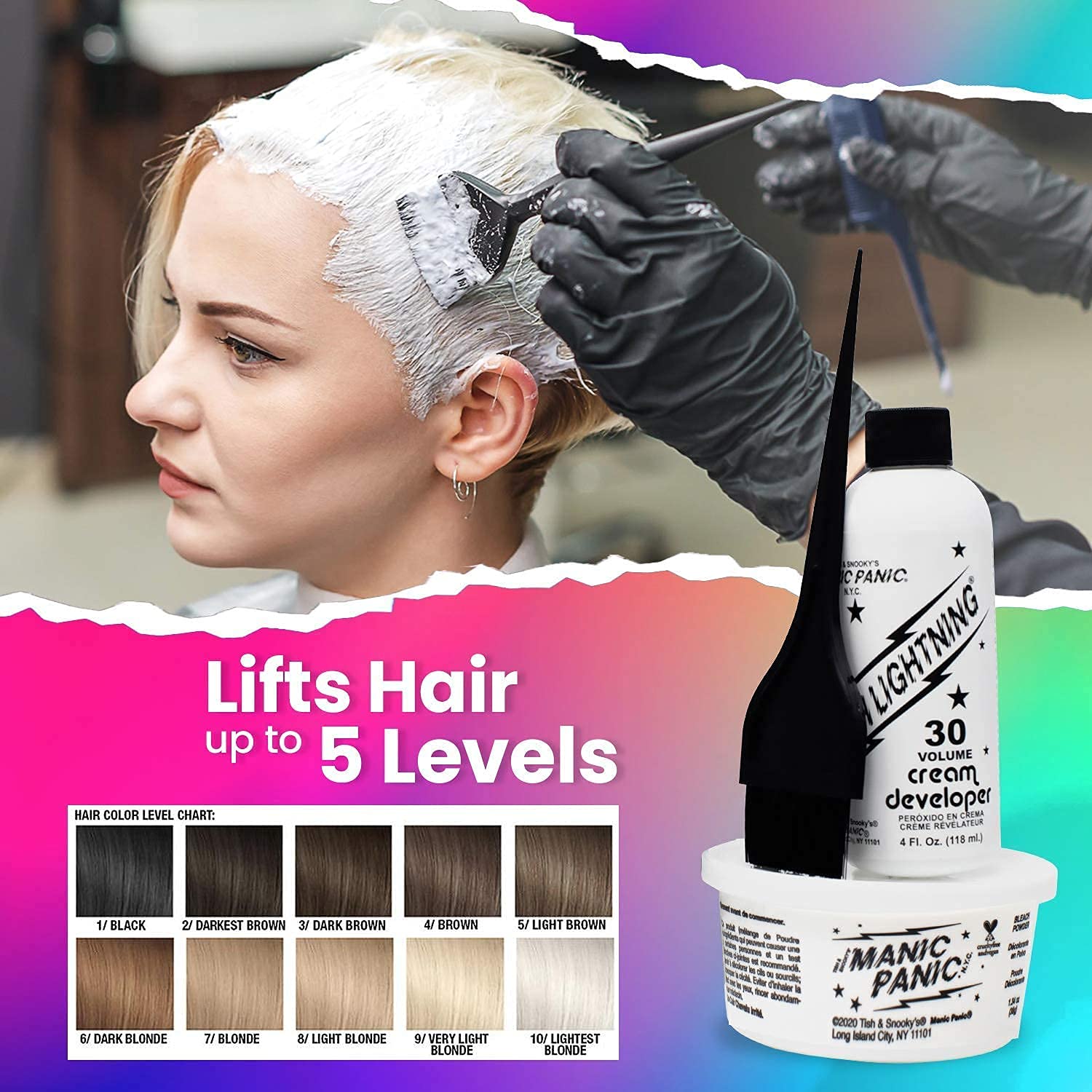 MANIC PANIC Blue Lightning Hair Bleach Kit - 30 Volume Developer + Bleach Powder Hair Lightener Lifts up to Five Levels And Eliminates Orange Tones - Vegan And Cruelty Free
