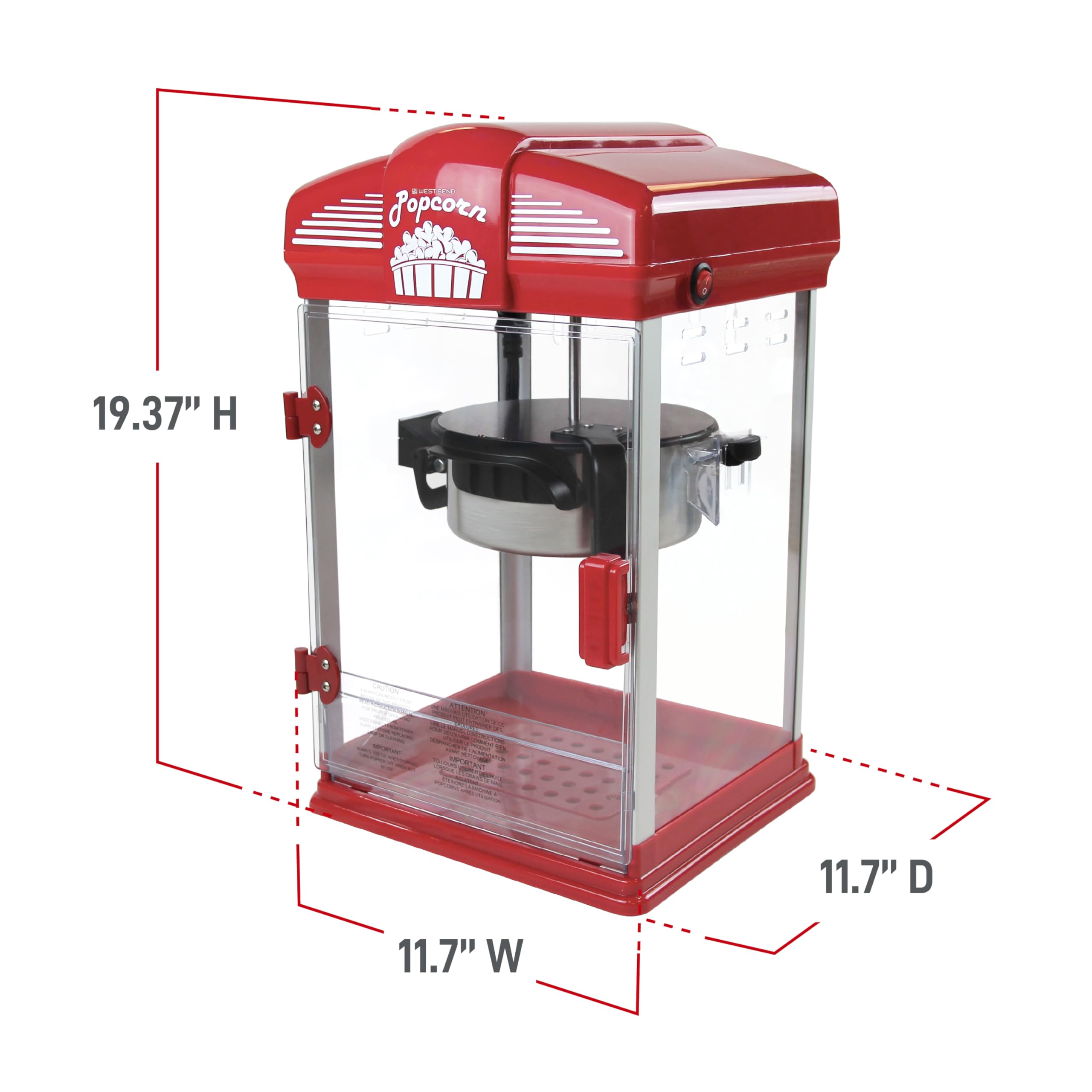West Bend Stir Crazy Movie Theater Popcorn Popper, Gourmet Popcorn Maker Machine with Nonstick Popcorn Kettle, Measuring Tool and Popcorn Scoop for Popcorn Machine, 4-Qt., Red