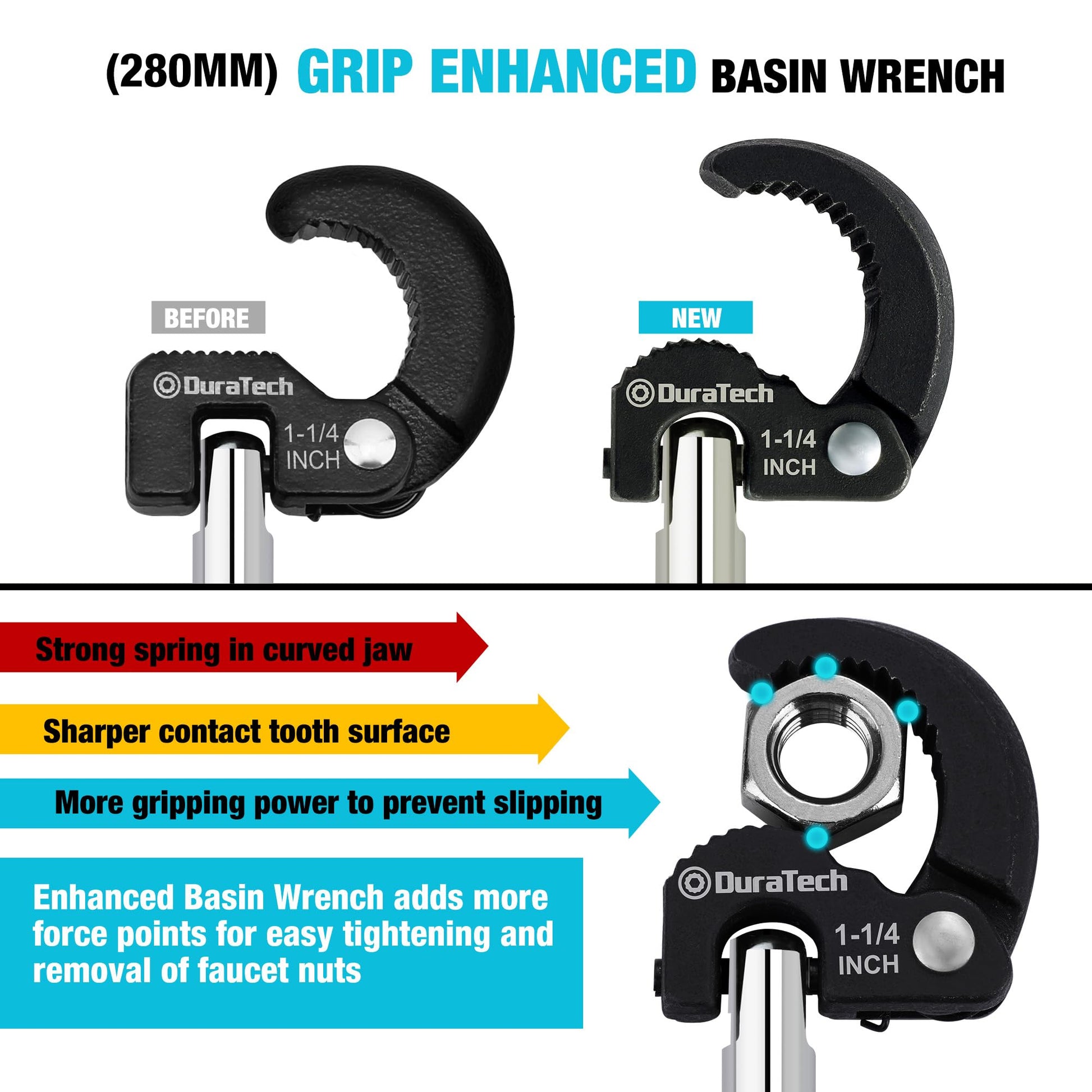 DURATECH 11" Basin Wrench, Sink Wrench, Adjustable Tap Nut Spanner Basin Spanner, Capacity of 3/8" to 1-1/4" for Fixing Back and Union Nuts Under Sink