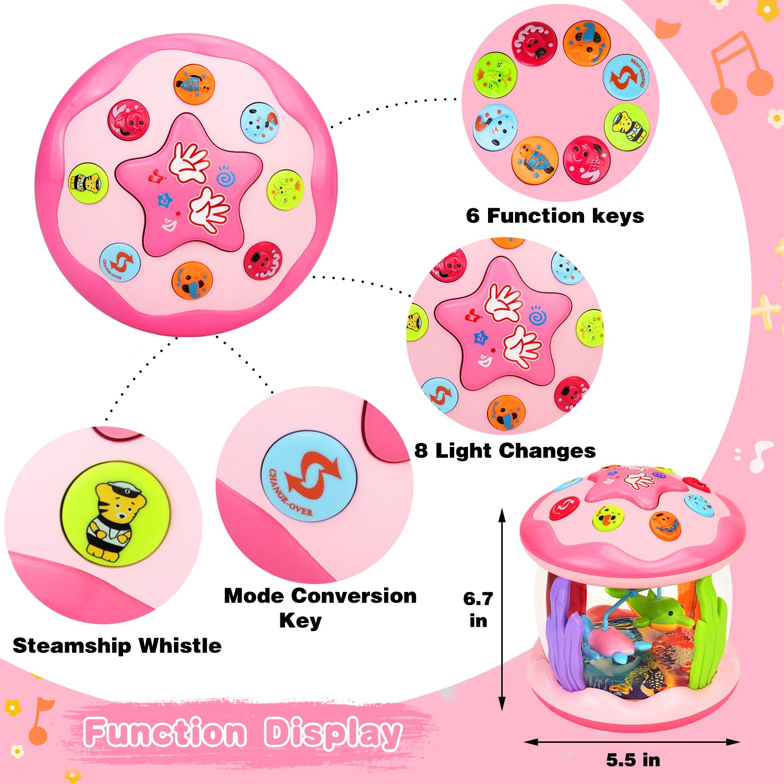 Aboosam Baby Girl Toys 6-12 Months: Babies Ocean Rotating Light Up Musical Toys 12-18 Months Crawling Learning Infant Toy for Toddlers 1 2 3 Years Old Baby Girl Gifts (Pink)