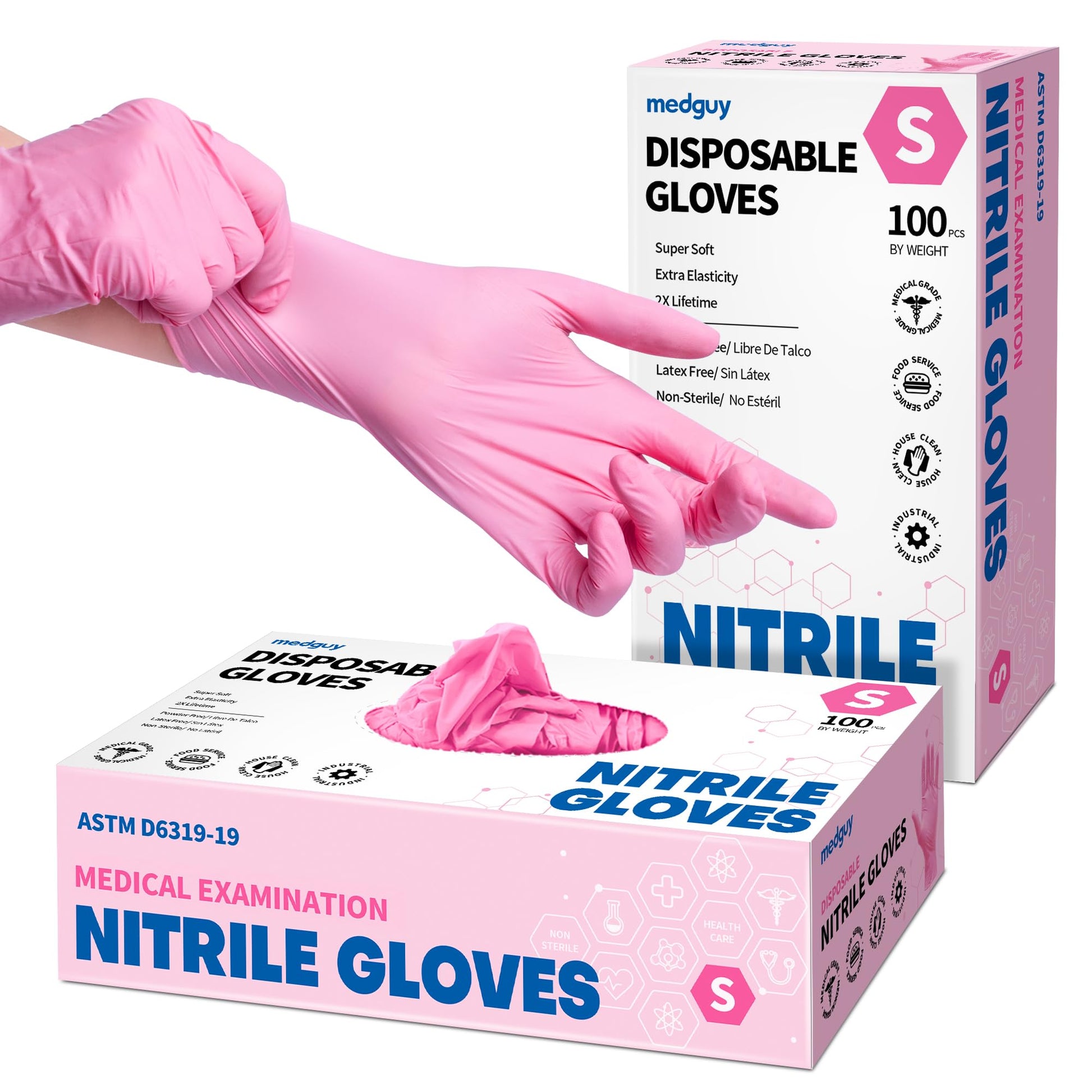 Medguy Nitrile Exam Gloves, Powder-Free Latex-Free Food Safe Non-Sterile 4.5 Mil Disposable Medical Glove, Pink 100 Pcs (Medium)