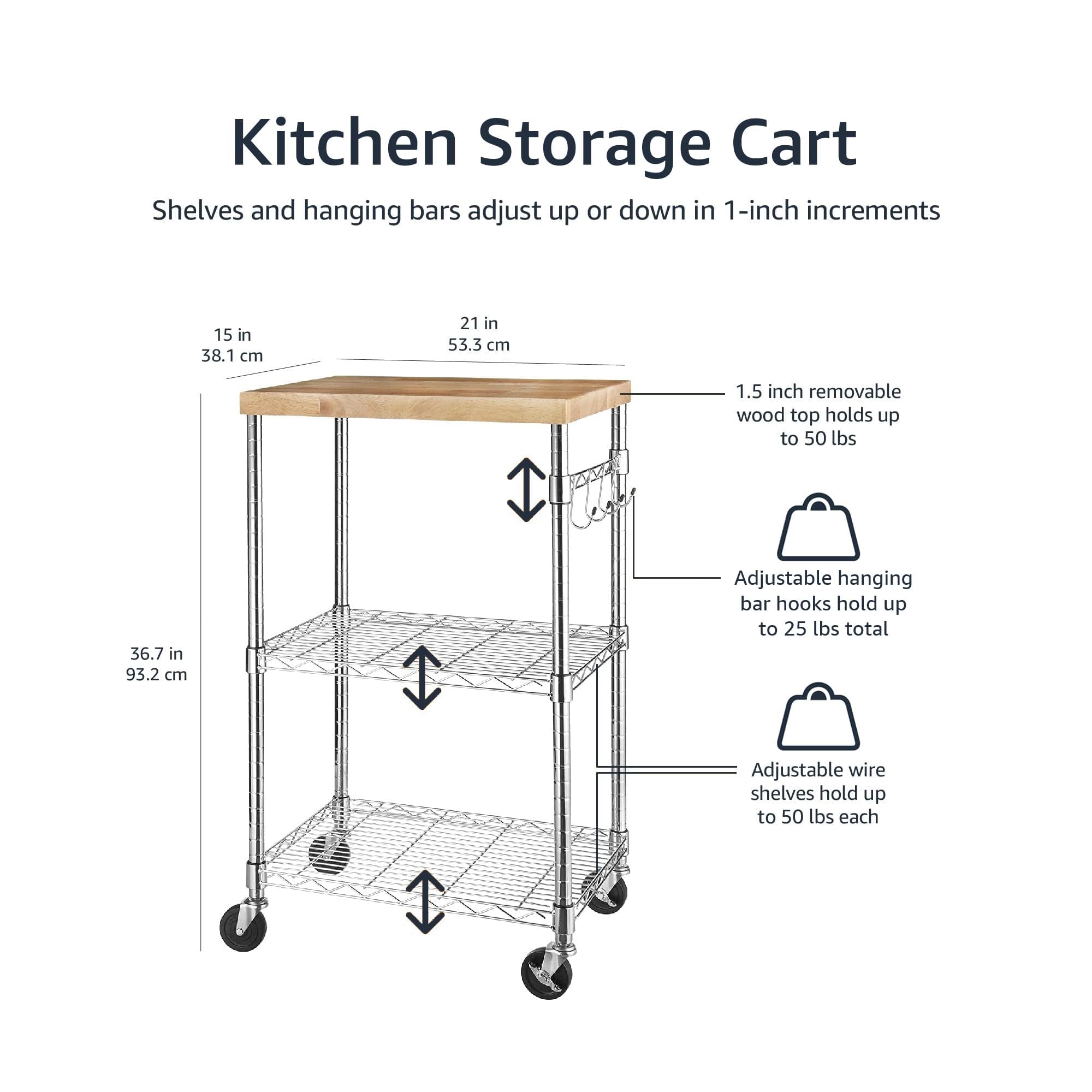 Amazon Basics Portable Kitchen 3-Tier Storage Rack on Caster Wheels with Adjustable 2 Shelves, 175 Pound Capacity, 21 x 15 x 36.7 inches (LxWxH), Wood/Chrome