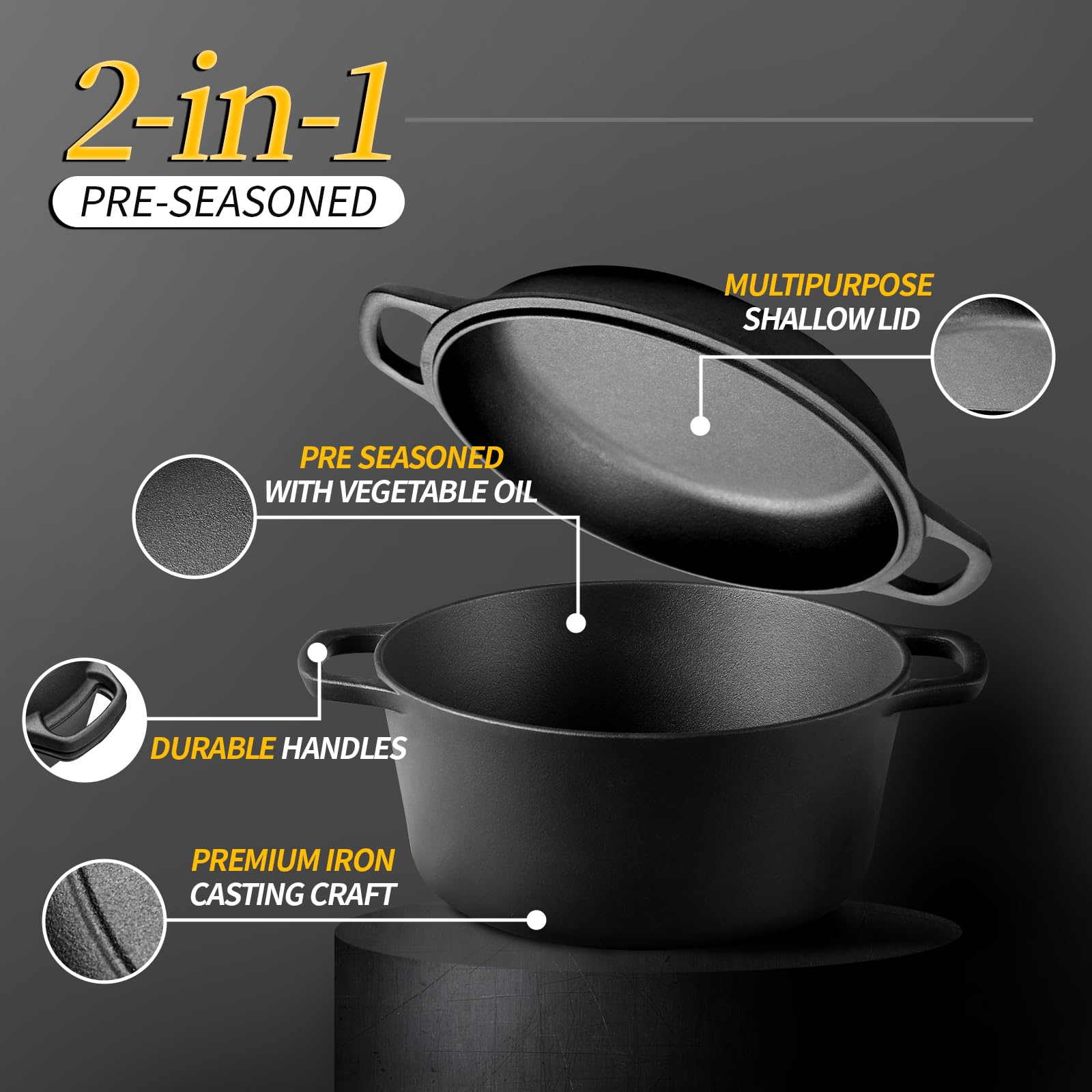 EDGING CASTING 2-in-1 Pre-Seasoned Cast Iron Dutch Oven Pot with Skillet Lid Cooking Pan, Cast Iron Skillet Cookware Pan Set with Dual Handles Indoor Outdoor for Bread, Frying, Baking, Camping, BBQ, 5QT