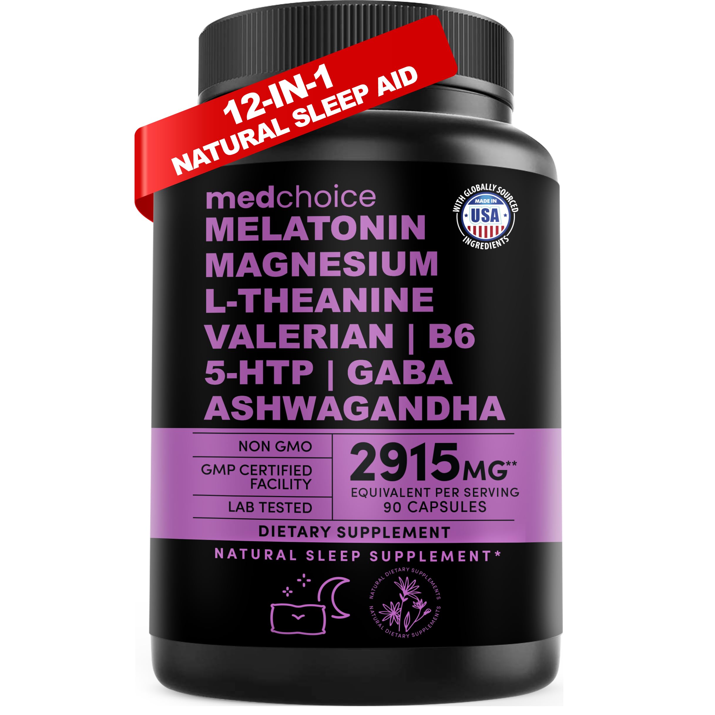 12-in-1 Melatonin Capsules - Melatonin 5mg Natural Sleep Aids for Adults - Magnesium Glycinate 500mg, Ashwagandha, L Theanine, Valerian Root, GABA, 5-HTP, Sleep Supplement for Adults (90 ct)
