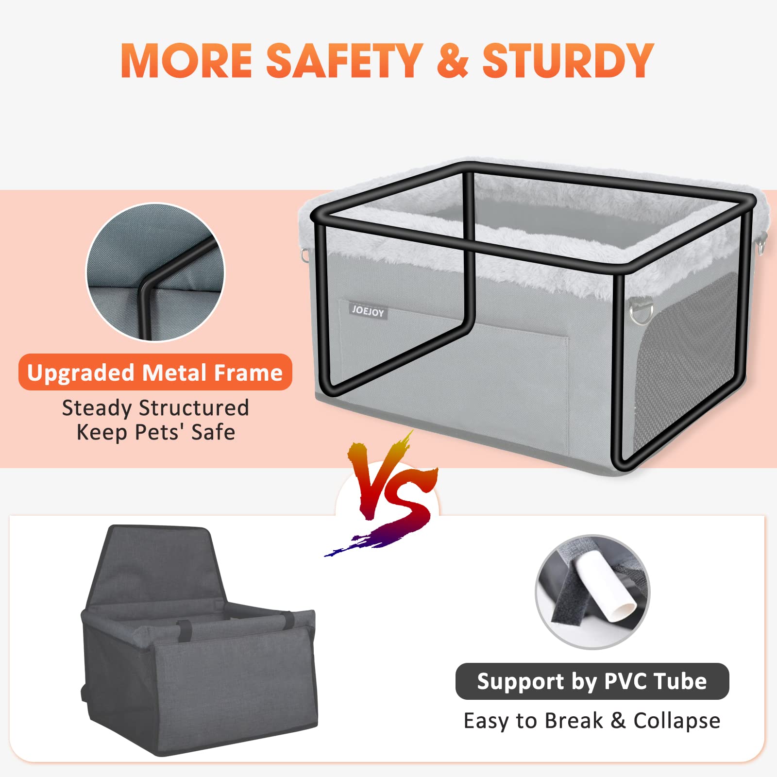 JOEJOY Deluxe Dog Booster Seat with Sturdy Metal Frame and Safety Leash for Small Pets up to 20 lbs - Portable Puppy Dog Car Seat with Thick Cushion and Storage Pockets for Small Dogs