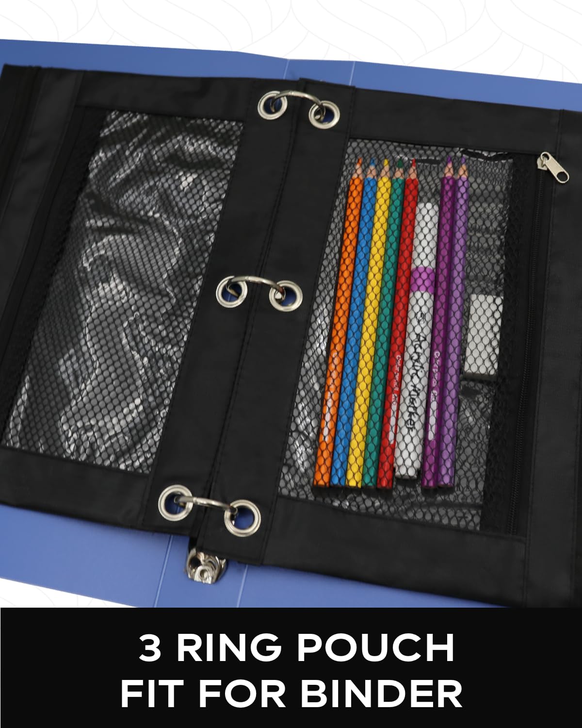 INNOIO 3 Ring Binder Pencil Pouch - School Pencil Case with 2 Zippered Pockets, Clear Mesh Window Pencil Bag, B5 Size, Back to School Gifts (Black)