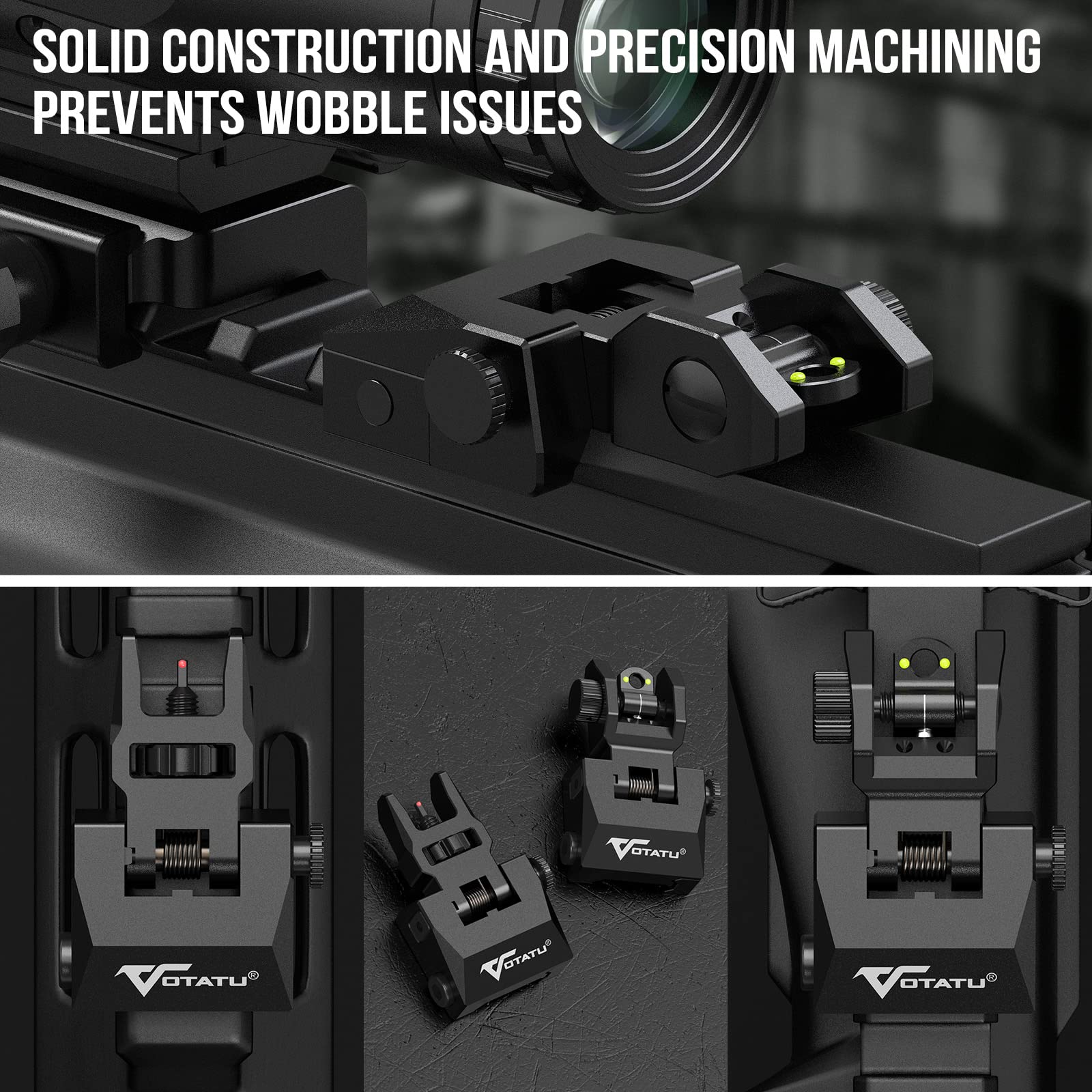 VOTATU V2 Fiber Optic Iron Sights, Flip Up Front and Rear Backup Sights with Green Red Dots, Adjustable Front Sight Rapid Transition