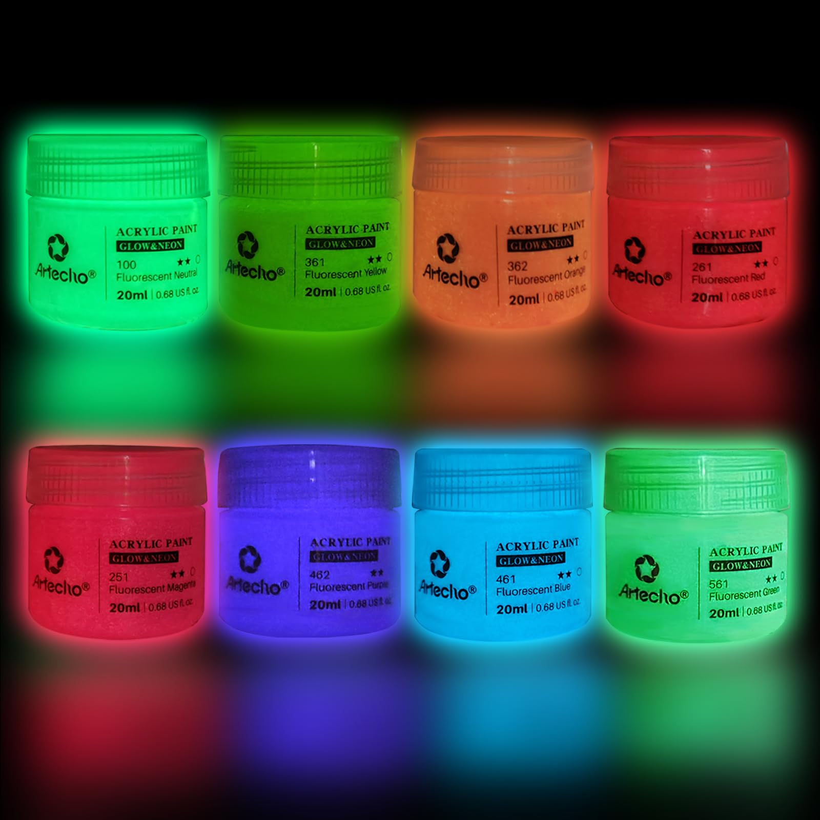 Artecho Glow in the Dark Paint 8 Colors, 20 ml / 0.7 oz Acrylic Paint for Decoration, Art Painting, Outdoor and Indoor Art Craft, Supplies for Canvas, Rock, Wood, Waterproof Rich Pigments
