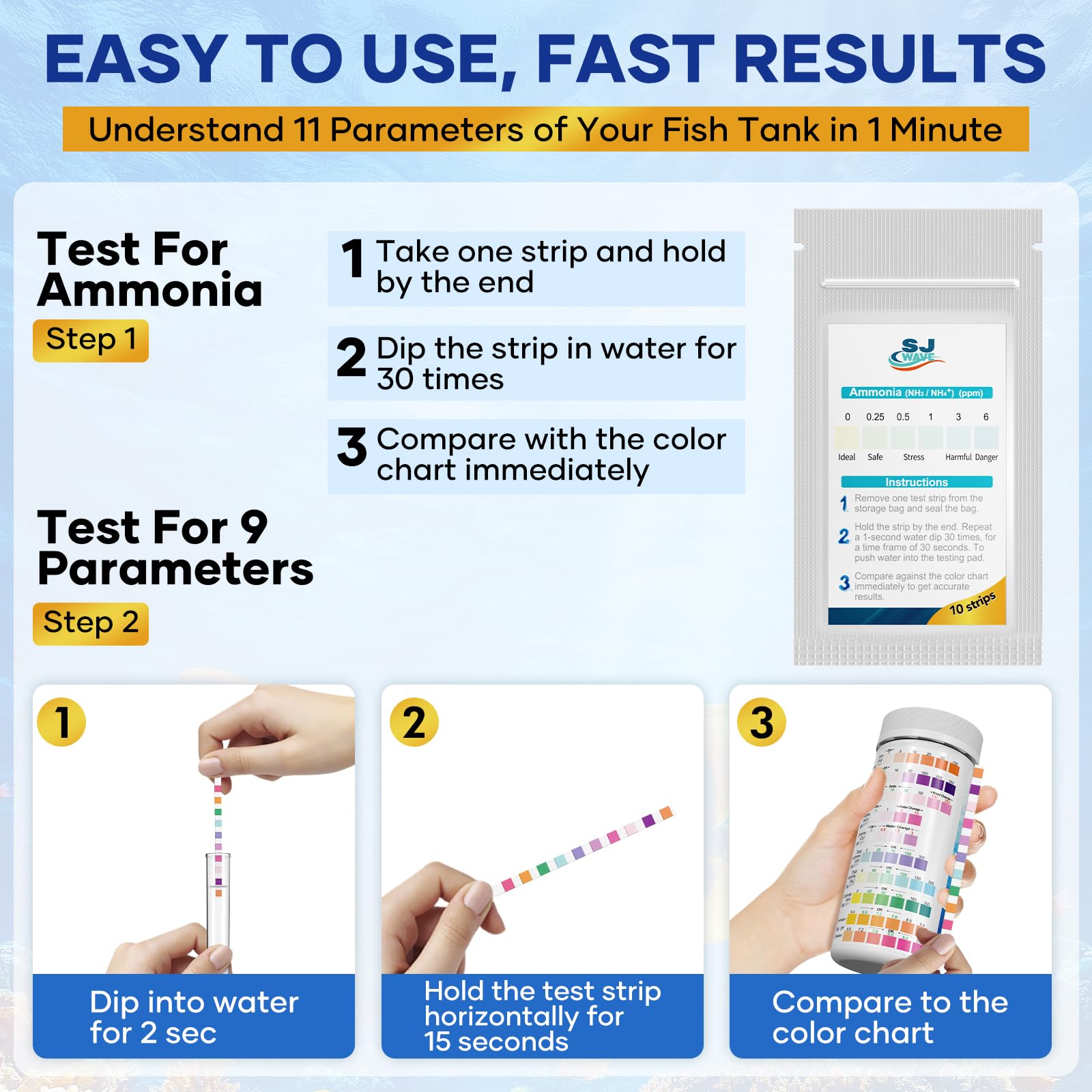 11 in 1 - Aquarium Test Strips | 950 Tests - 150 Strips | Fish Tank Aquariums Water Test Kit & ebook | Aquarium Thermometer | Fish Tank Water Testing Kit Includes 50 Ammonia Strips | Versatile Usage