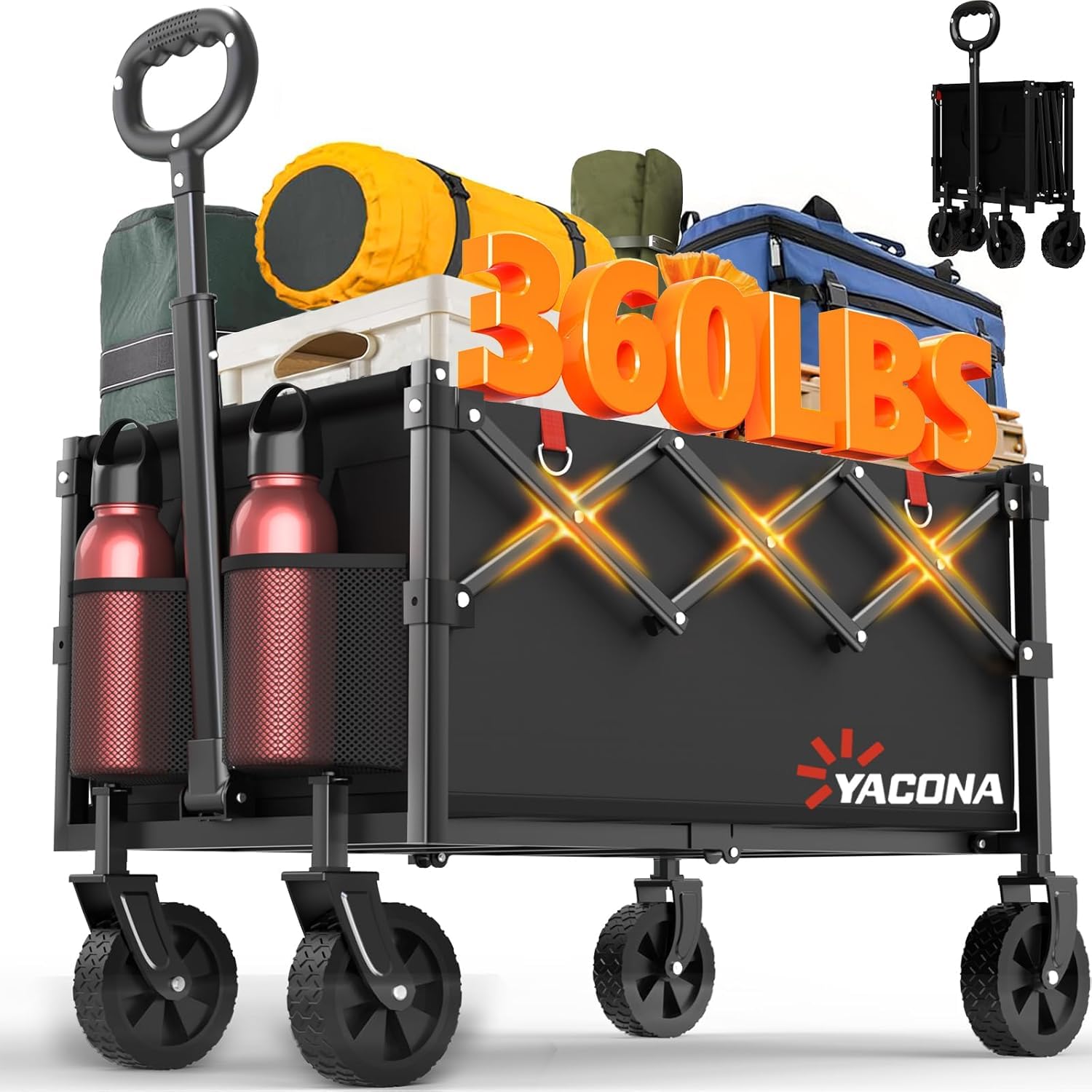 Yozoia Bollerwagen Klappbar, Leichter Tragbarer Einkaufswagen mit Rollen, Faltbarer Einkaufswagen für Lebensmittel, Camping, Shopping, Strand, Garten, Sport Schwarz