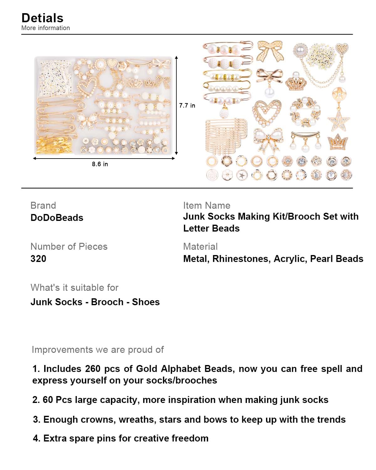 DoDoBeads 335 Pcs Junk Socks Charms Kit with Letter Beads, Gold Charm for Socks and Sneakers, Brooches and Pins for Women, Charms for Sock Safety Pin, Junk Charm with Pearl, Rhinestone,