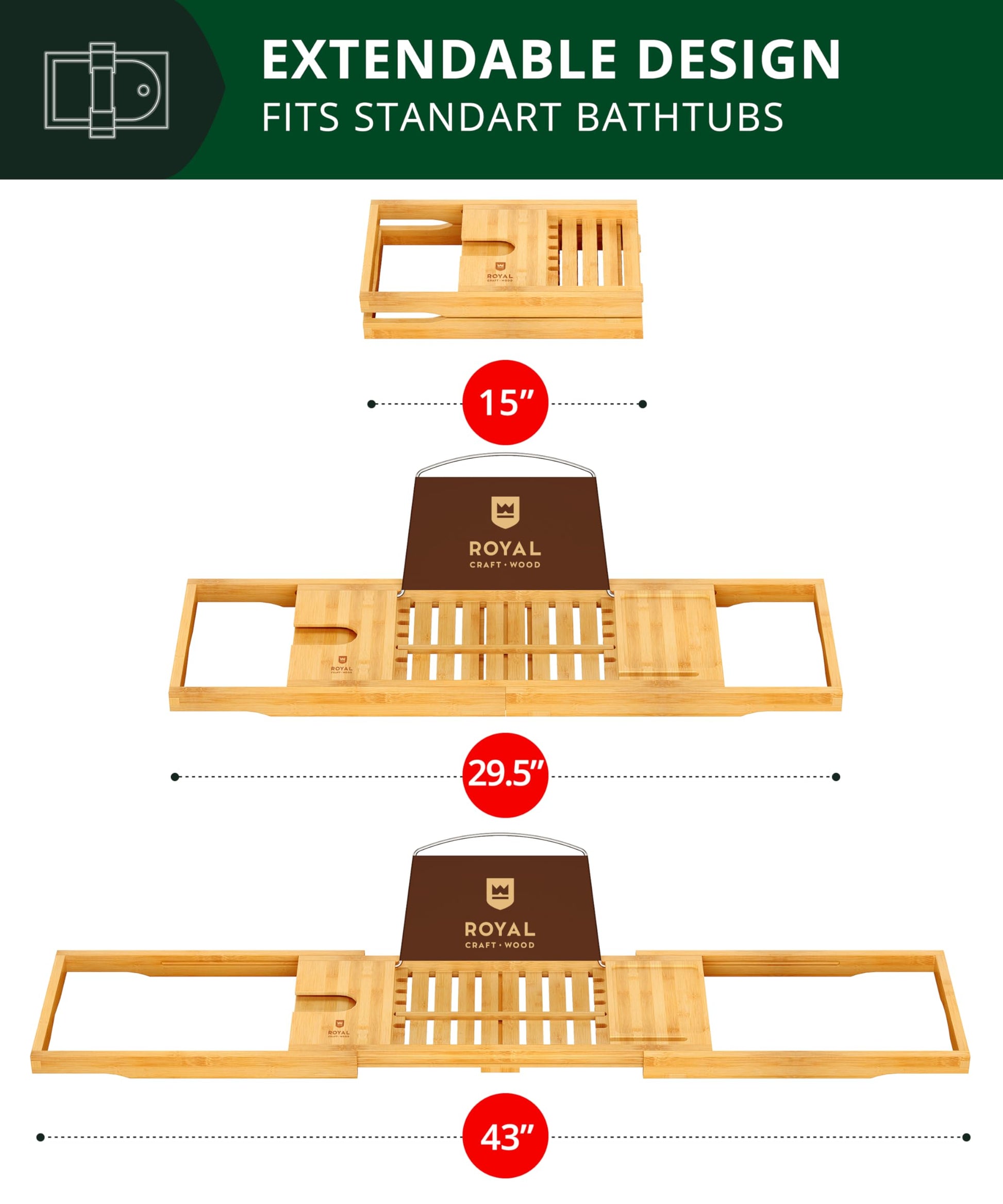 ROYAL CRAFT WOOD Premium Foldable Bathtub Tray Caddy - Wood Bath Tray for Tub, Bamboo Shelf, Expandable Bath Table Trays, Bathtub & Bathroom Accessories for New Home & Mothers, Birthday Gifts for Mom