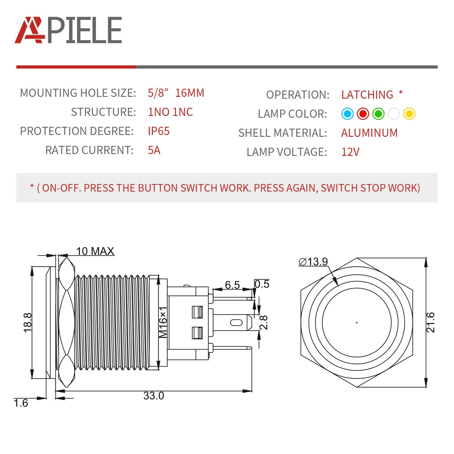 APIELE 16mm Latching Push Button Switch 12V DC On Off Black Shell with LED Angel Eye Head for 0.63" Mounting Hole with Wire Socket Plug Self-Locking (Blue/Black Shell)