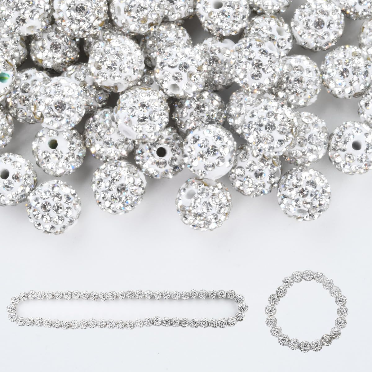 100pcs 10mm Rhinestone Clay Beads for Crafting - Ice Collection Baseball Bling Style, Round Shamballa Disco Ball Design, Fancy Sparkle for DIY Necklace Jewelry Making Christmas Decorations (White)